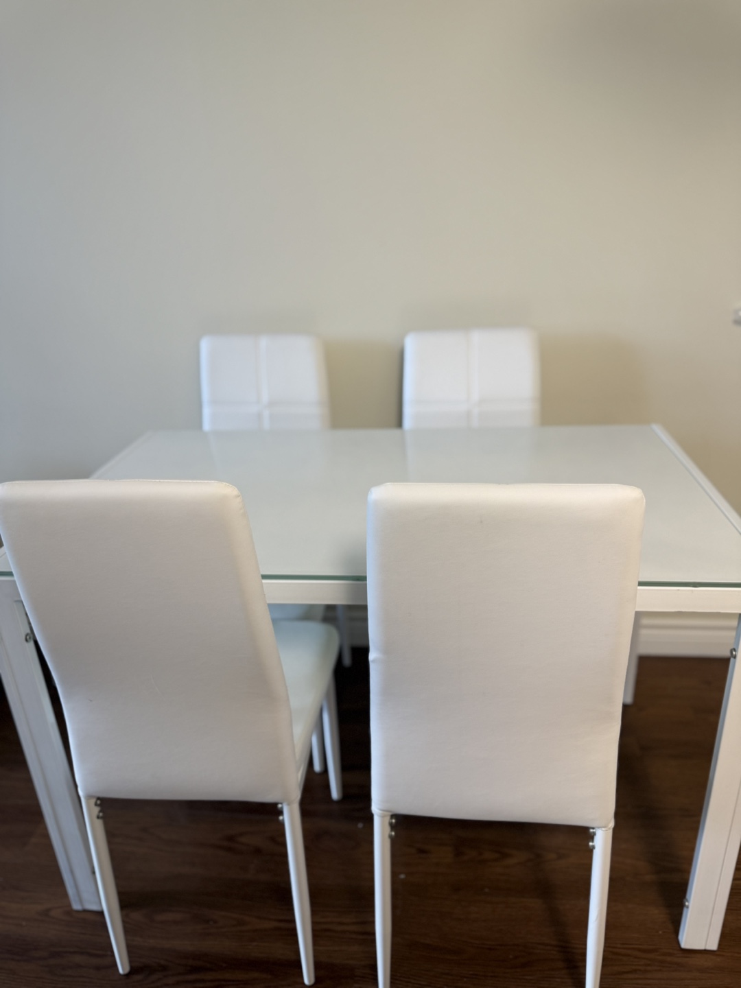 White Glass Top Dining Table Set with Four Chairs