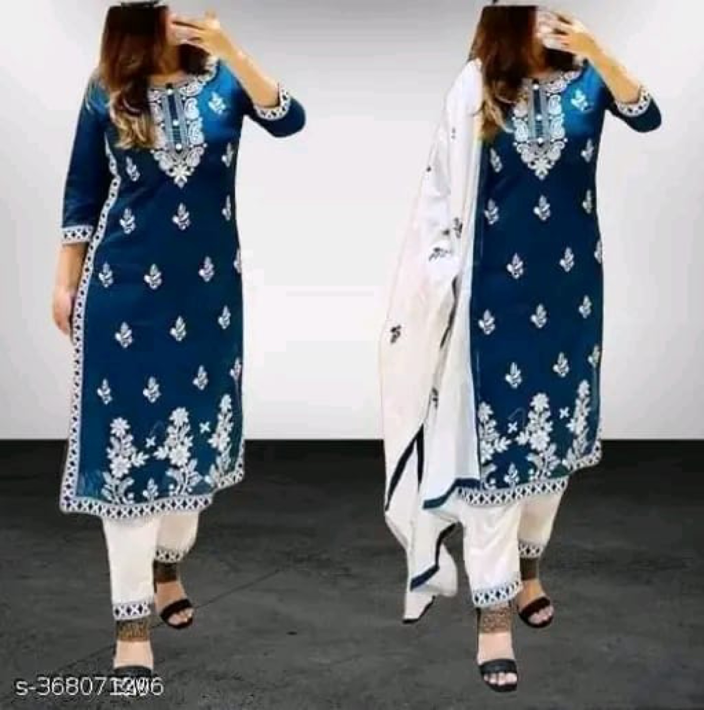 Beautiful embroidered navy blue and white three-piece suit - photo 3
