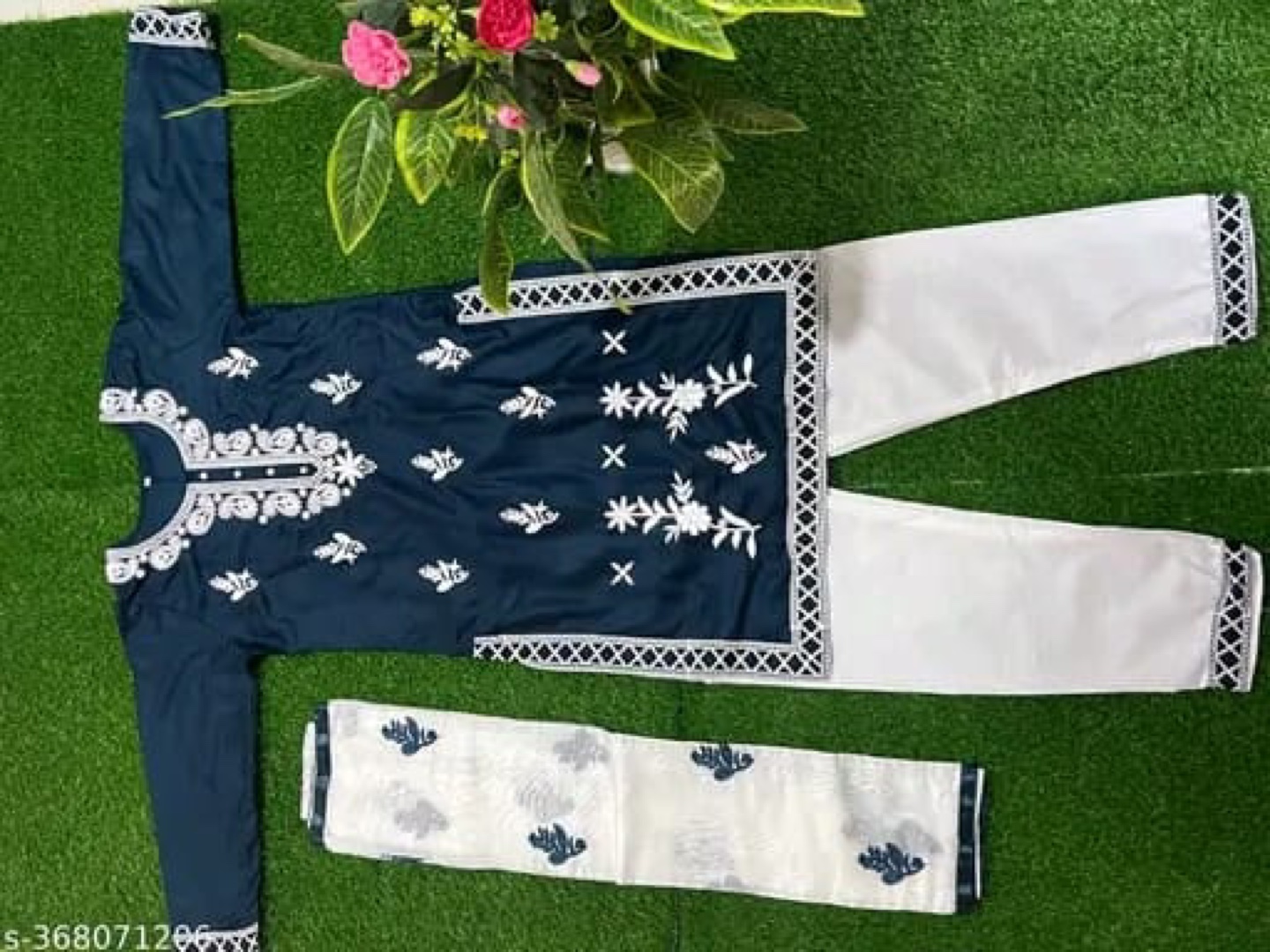 Beautiful embroidered navy blue and white three-piece suit