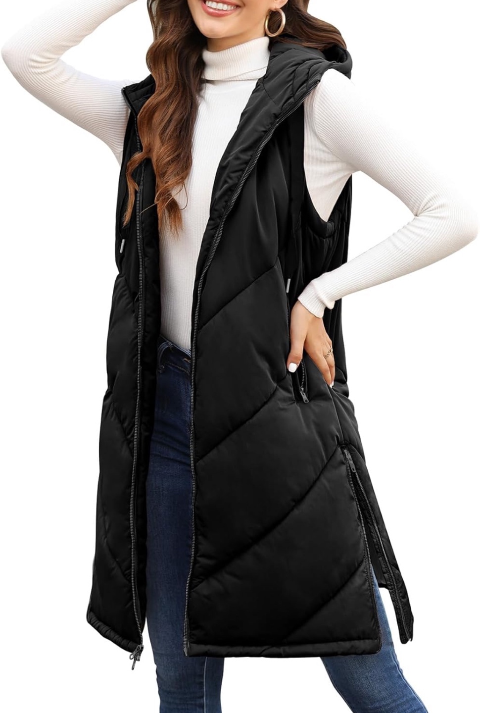 NEW! Women's Black Hooded Long Puffer Vest