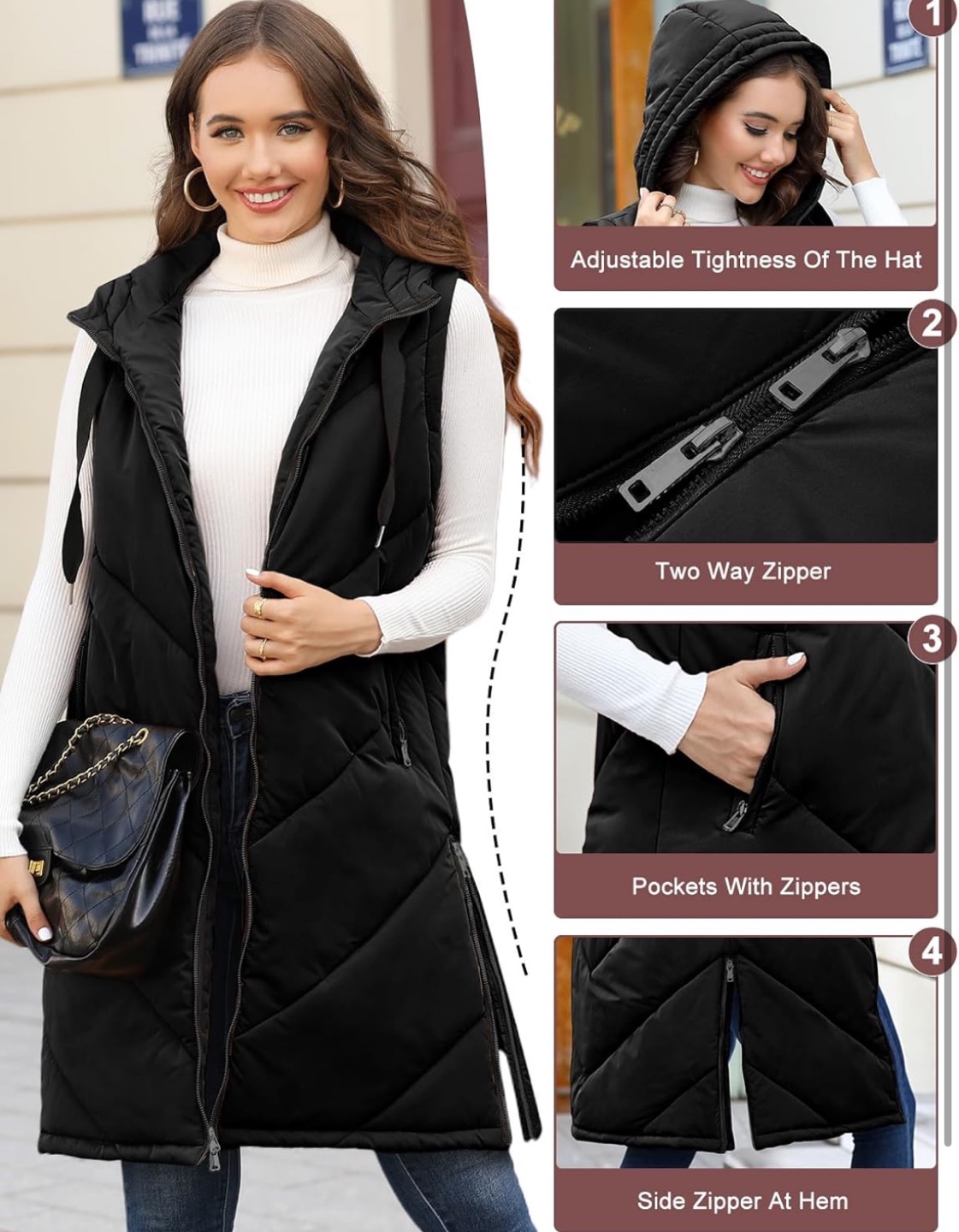 NEW! Women's Black Hooded Long Puffer Vest - photo 2