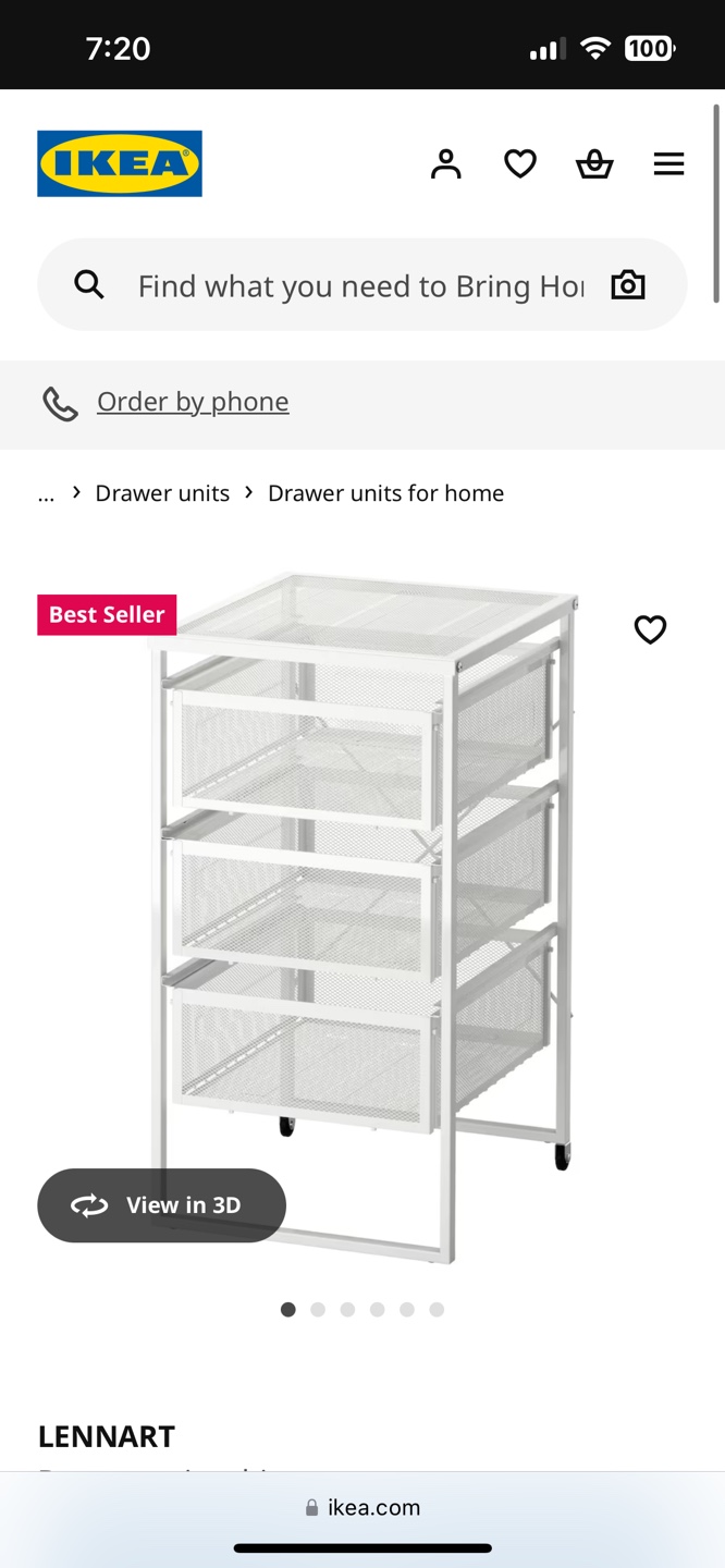 IKEA LENART White Metal 3-Drawer Rolling Cart