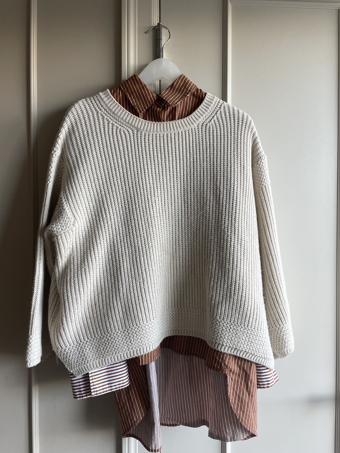 8 Seconds Cream Knit Sweater and Brown Striped Shirt Set