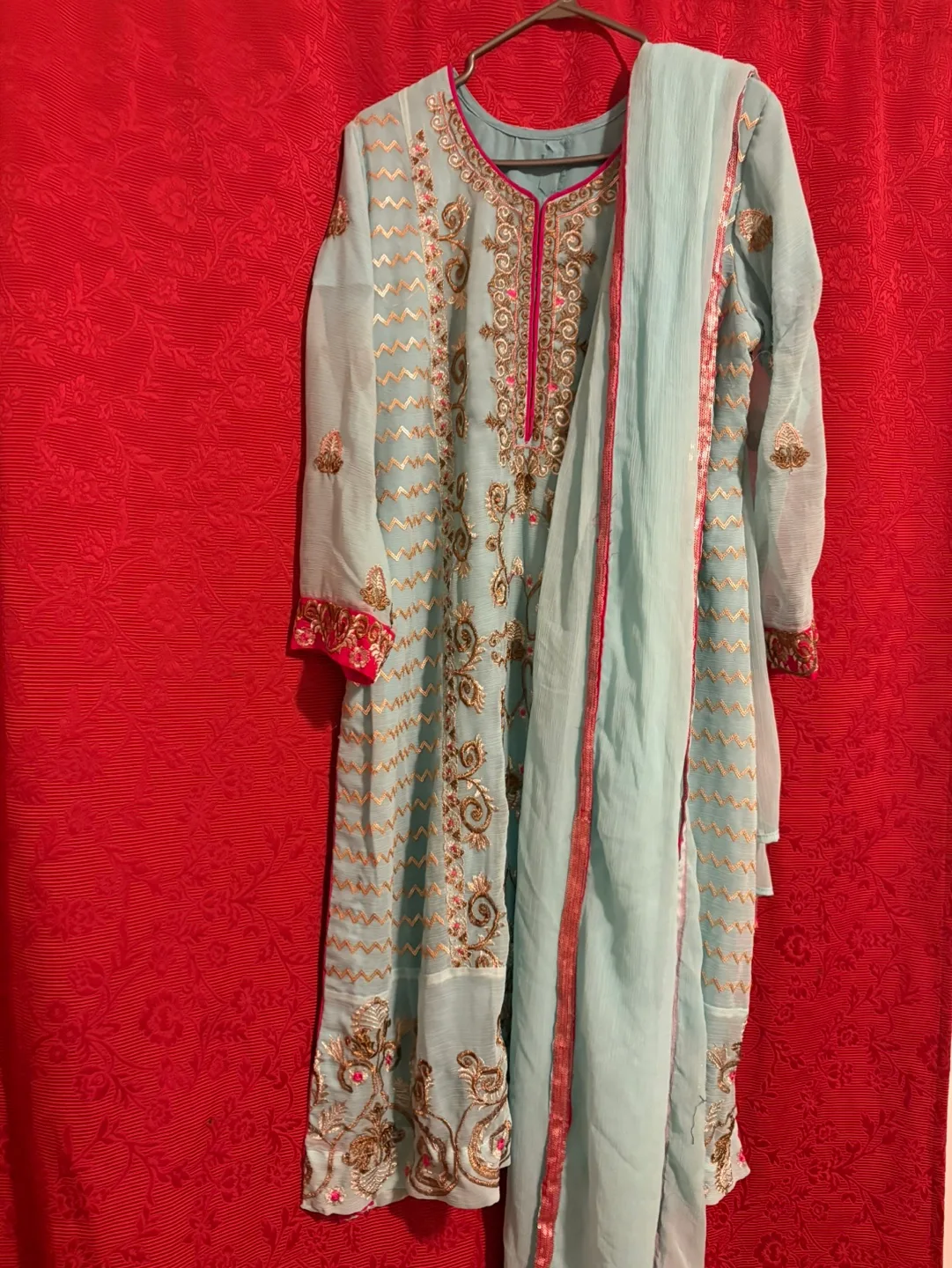 Beautiful embroidered light teal Pakistani Shalwar Kameez thumbnail