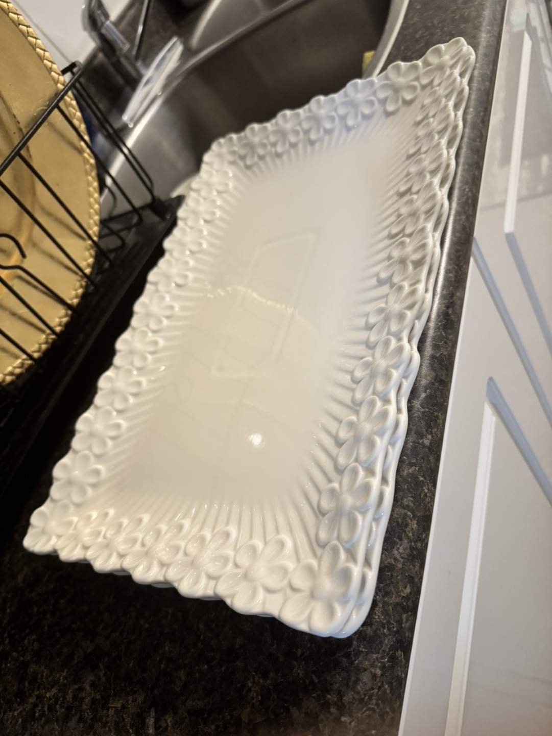 White Rectangular Serving Platter with Flower Detail