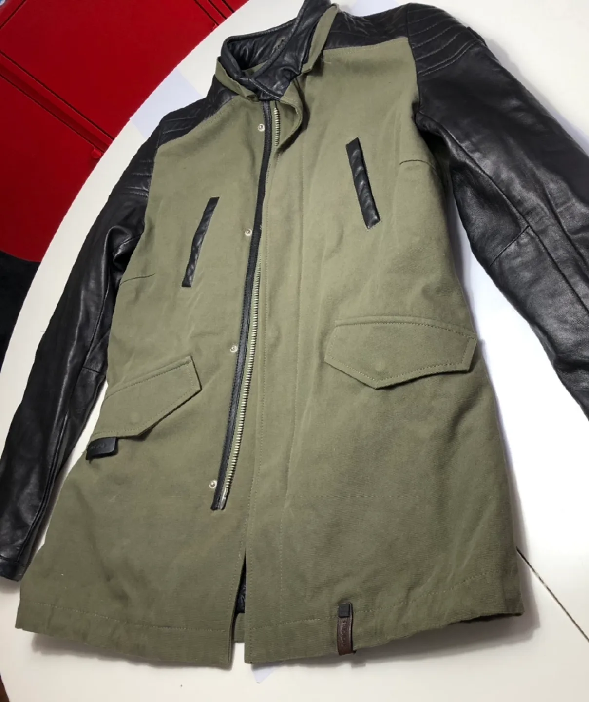 Rudsak Olive Green Leather Sleeve Hooded Jacket image indicator(2)