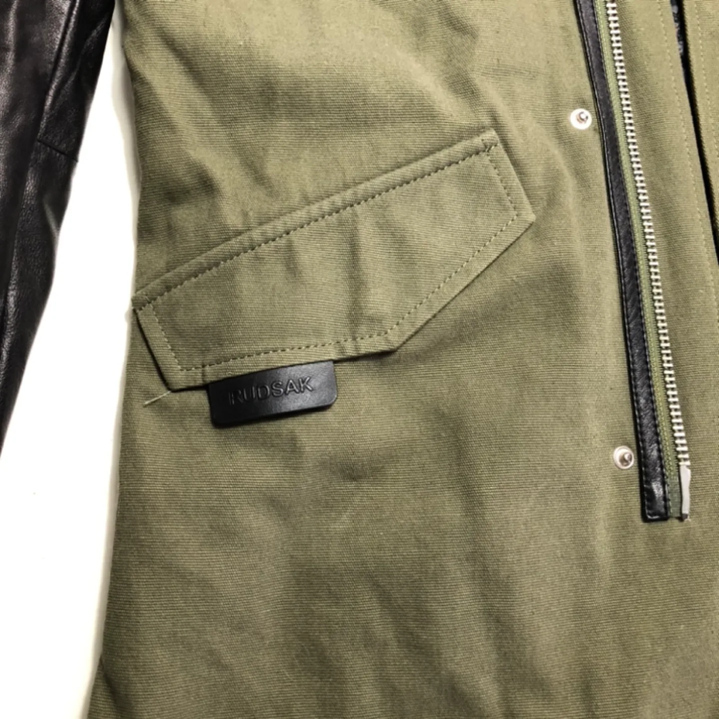 Rudsak Olive Green Leather Sleeve Hooded Jacket image indicator(5)