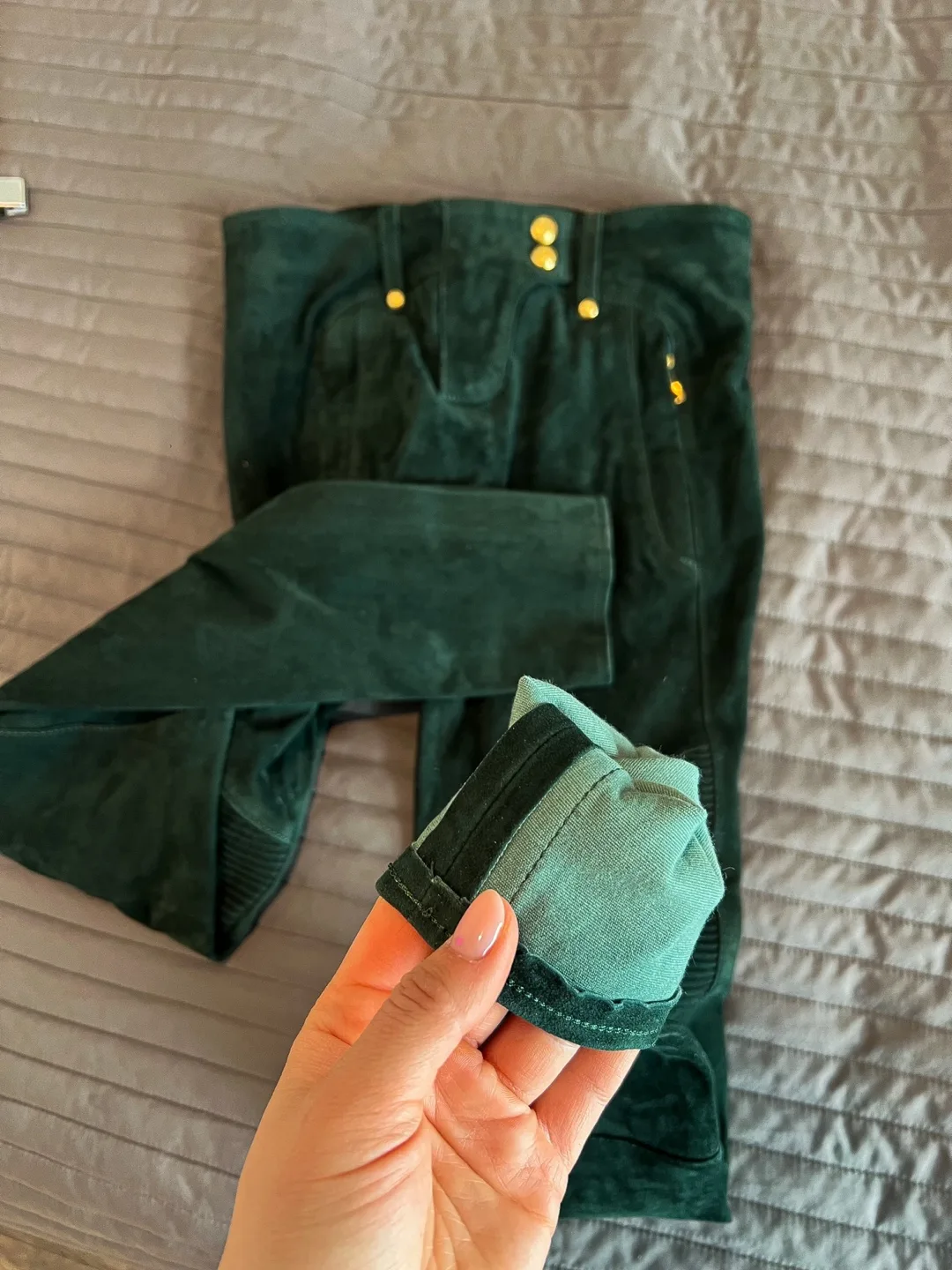 RARE Balmain X H&M green Suede Biker Pants Size US2 EUR 32 image indicator(10)