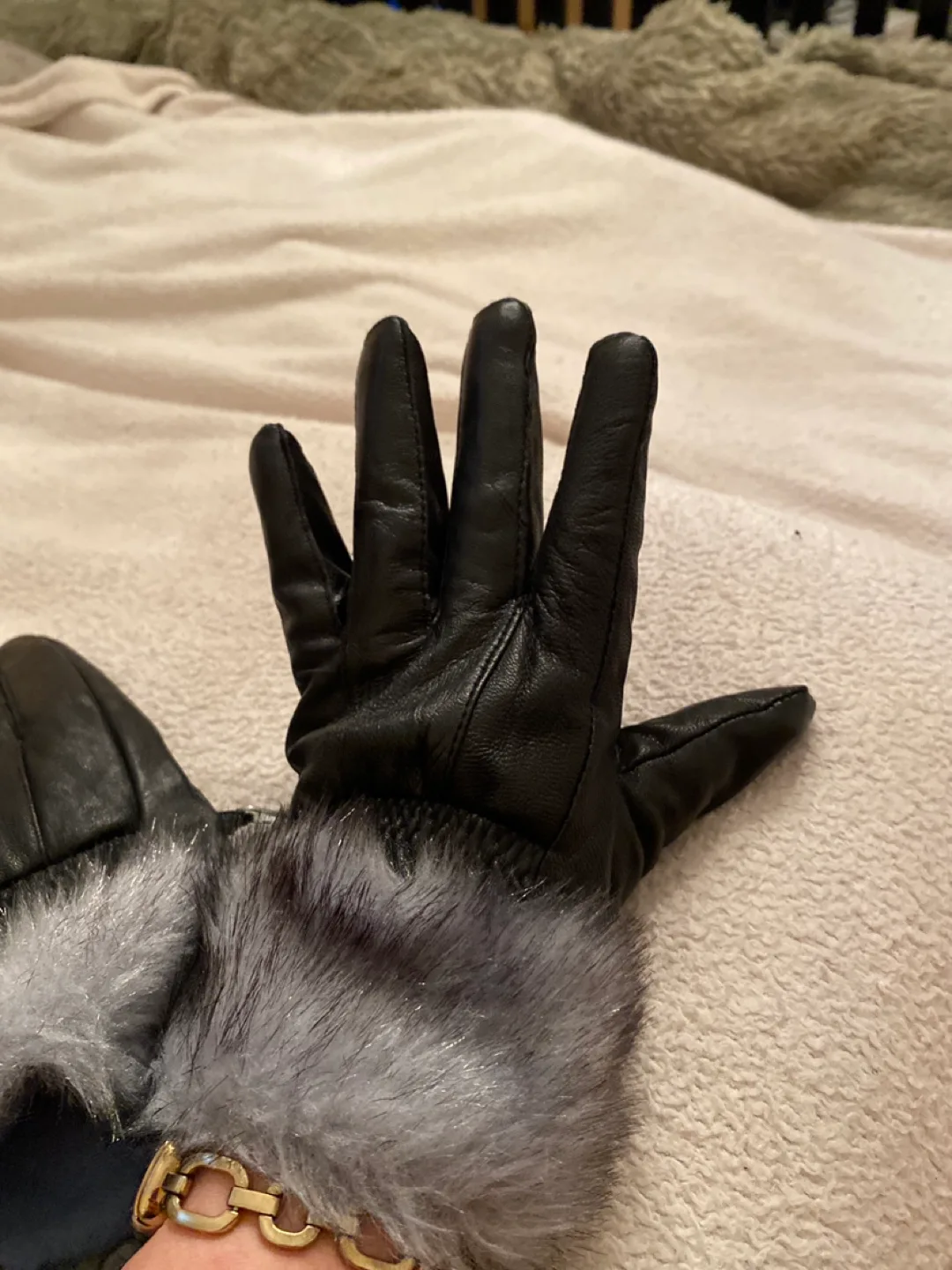 Black Leather Gloves with Faux fur  Cuff 🧡 image indicator(4)