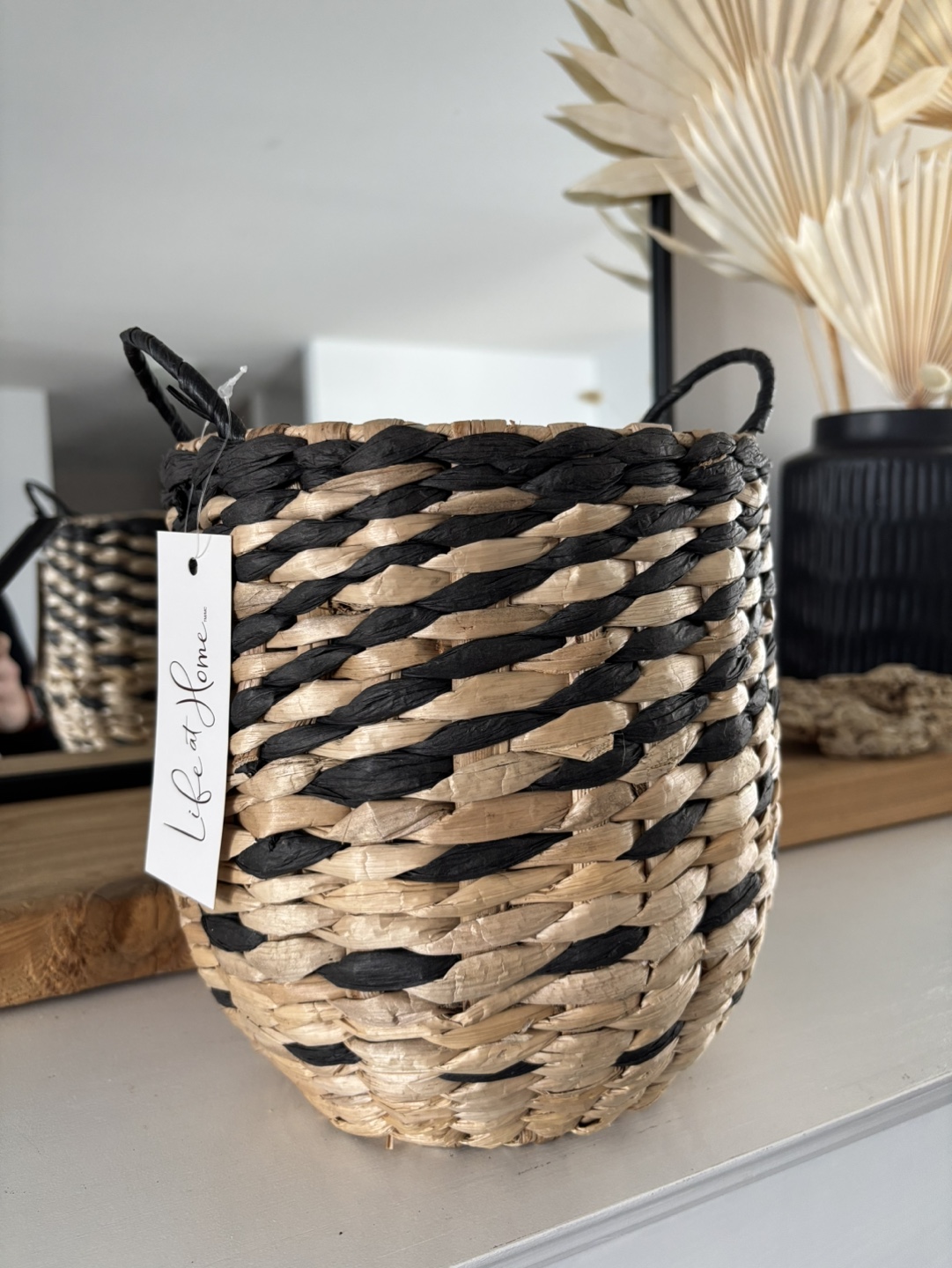 Black and Beige Woven Basket with Handles