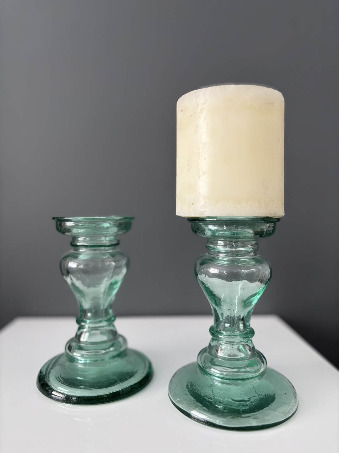 Pair of recycle Green Glass Candle Holders - photo 2