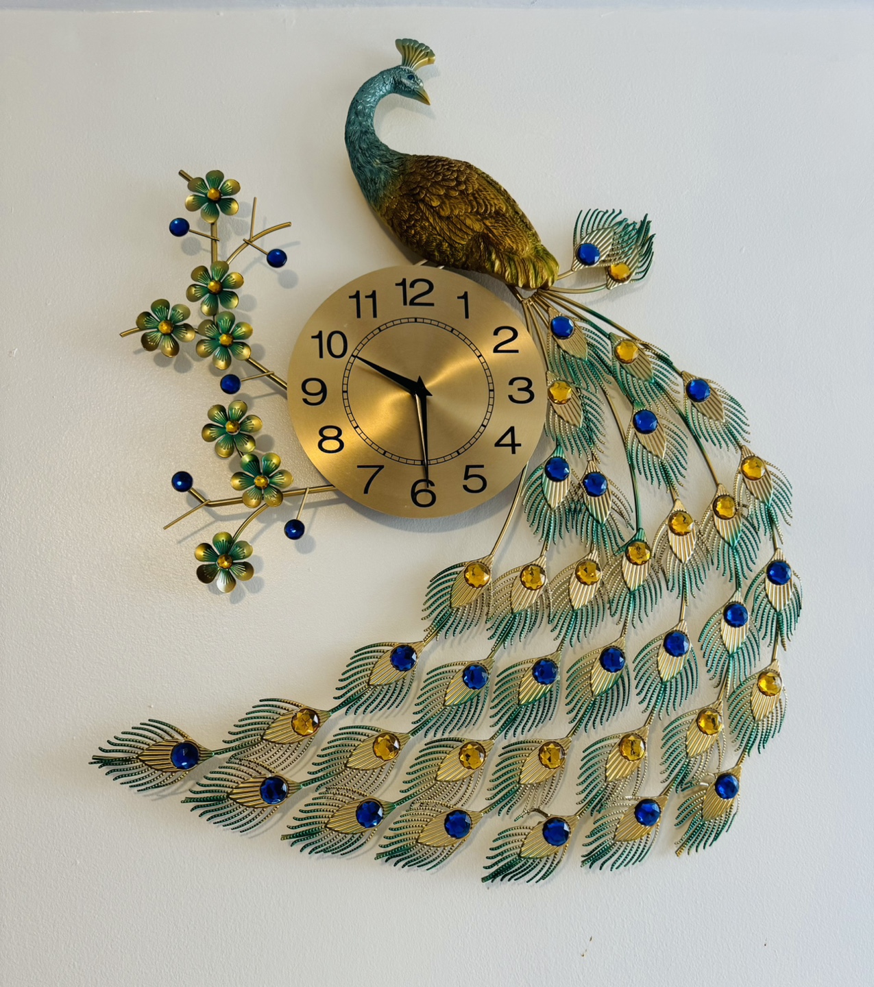 Peacock Wall Clock with Metal Accents