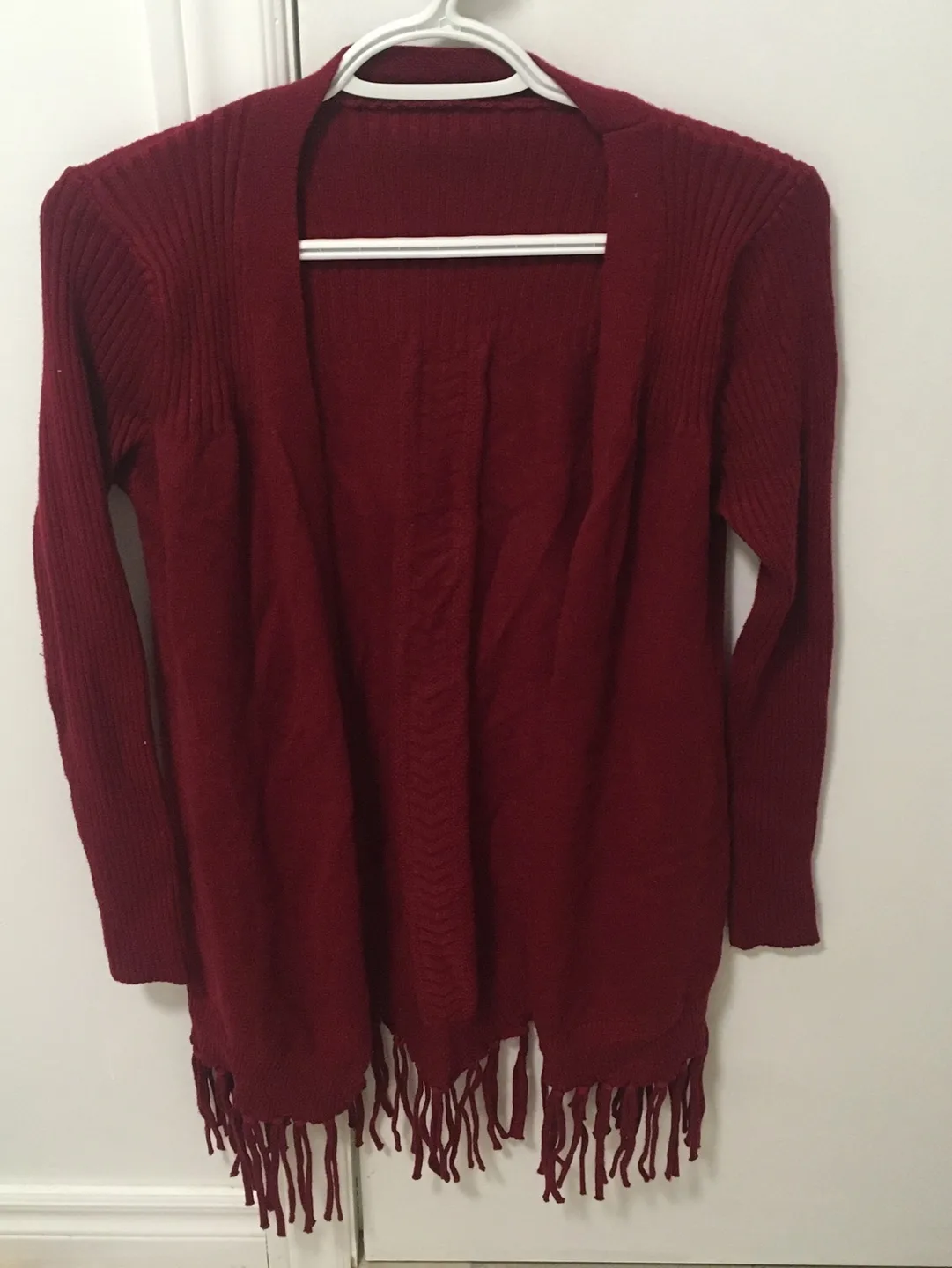 🏈 women‘s wine red Tassel Trim Open Front fringe cardigan image indicator(2)