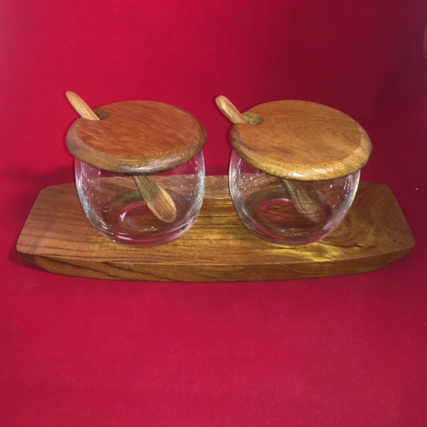 Mid-Century Modern Wooden Condiment Set with Glass Jars