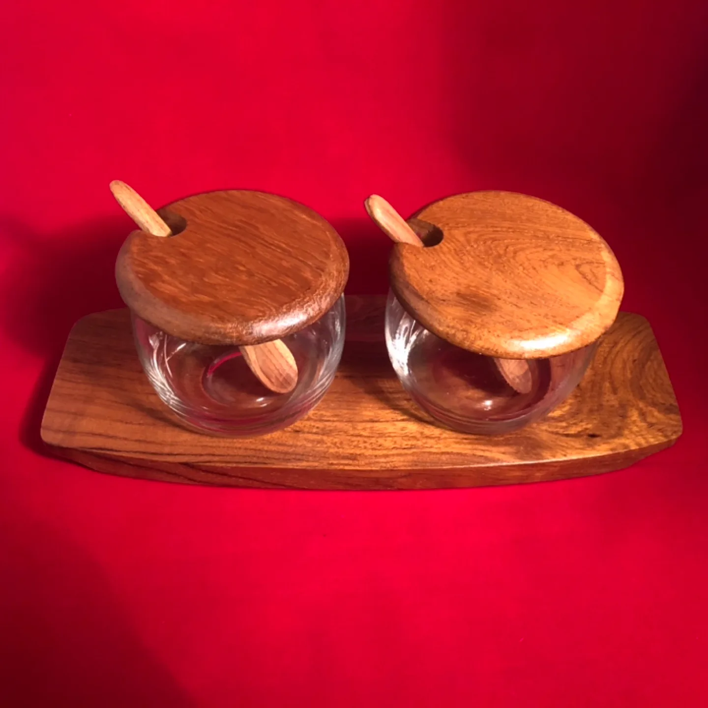 Mid-Century Modern Wooden Condiment Set with Glass Jars image indicator(4)