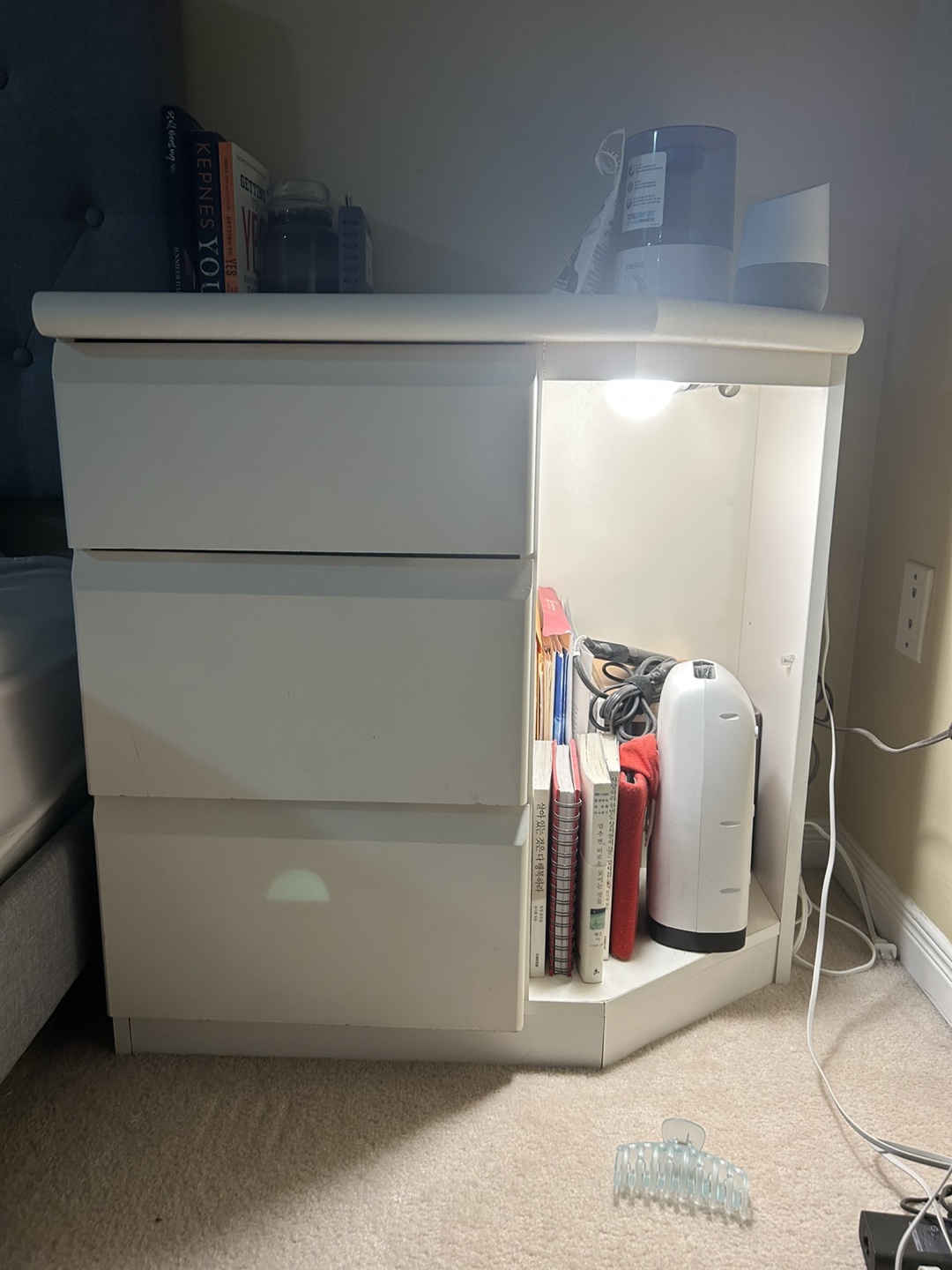 White Corner Nightstand with Built-in Lighting