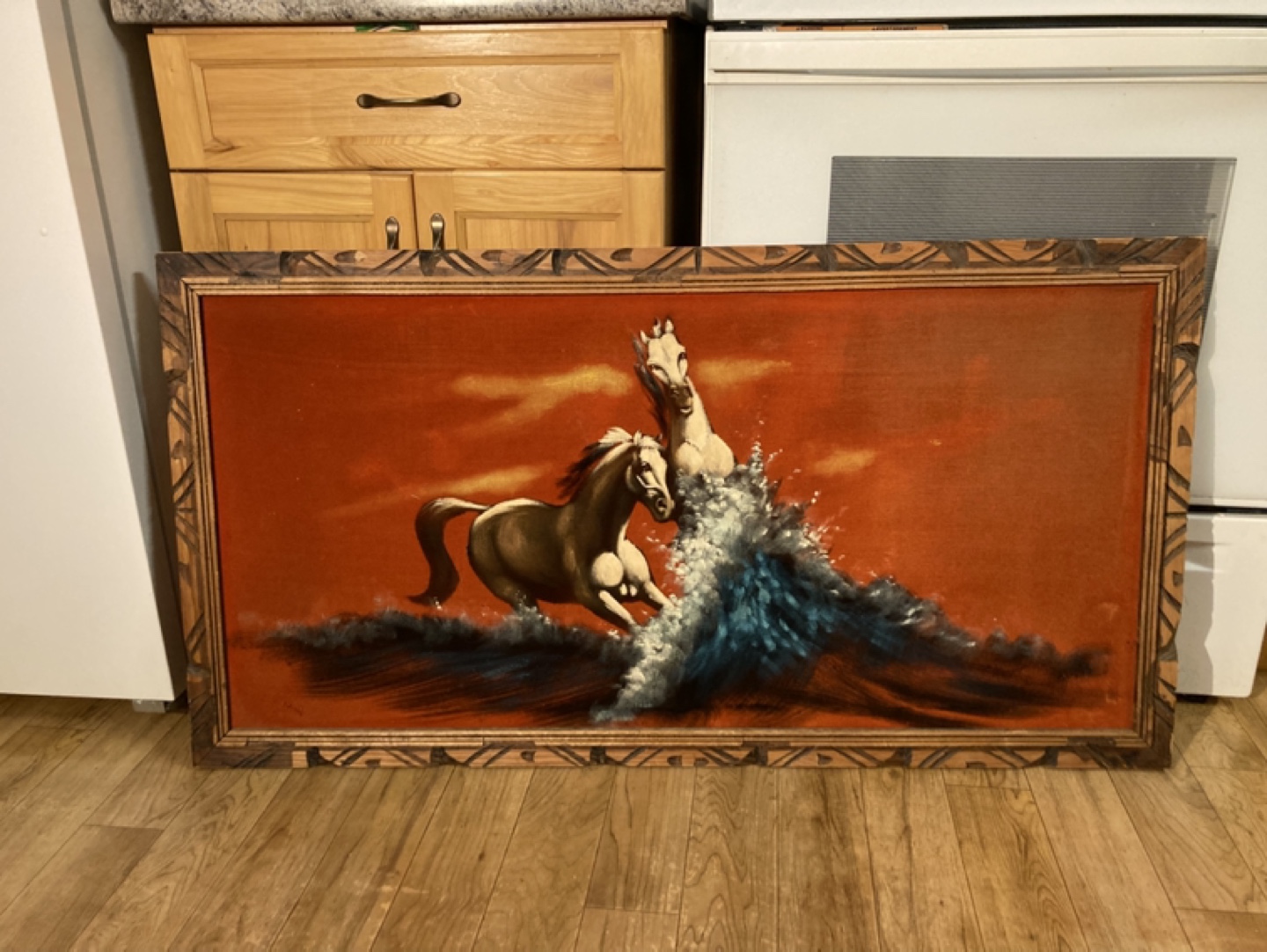 Vintage Velvet Painting of Horses