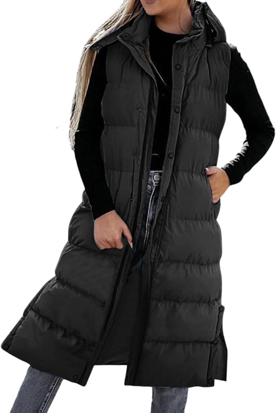 NEW! Women's Long Black Puffer Vest with Hood