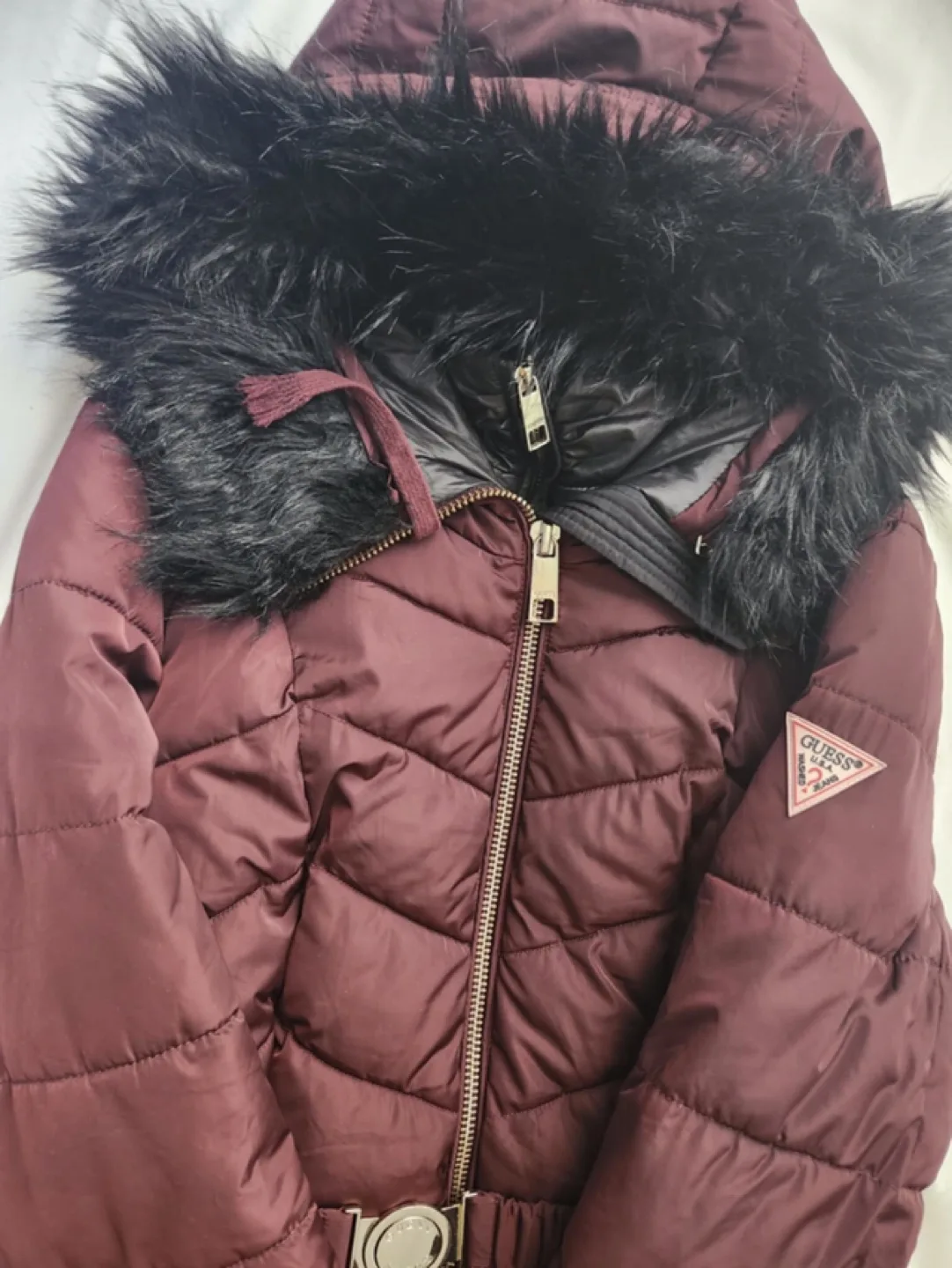 🏈Women's Guess Burgundy Puffer Coat with Faux Fur Hood image indicator(3)
