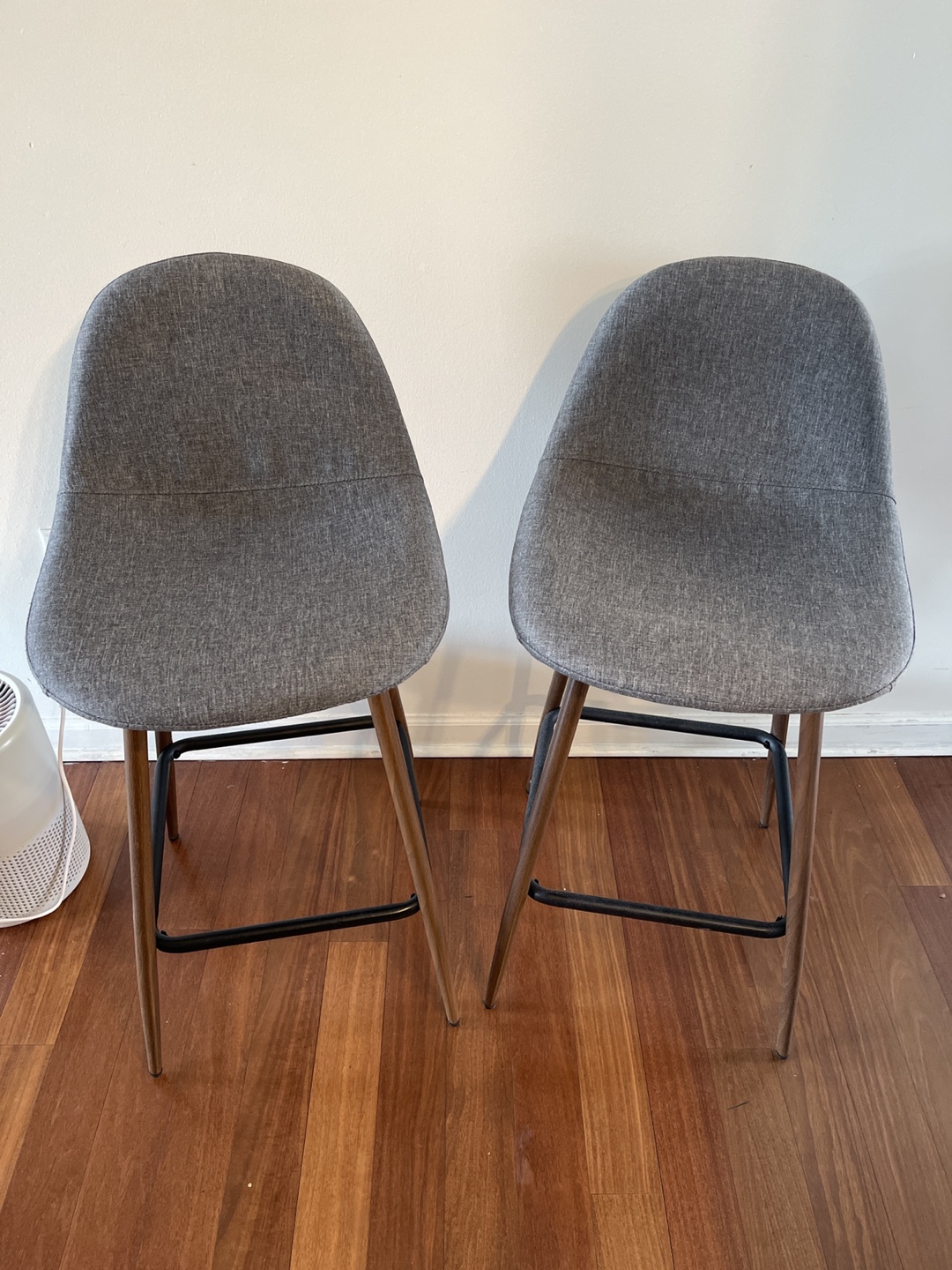 Pair of Gray Fabric Counter Stools with Walnut Legs
