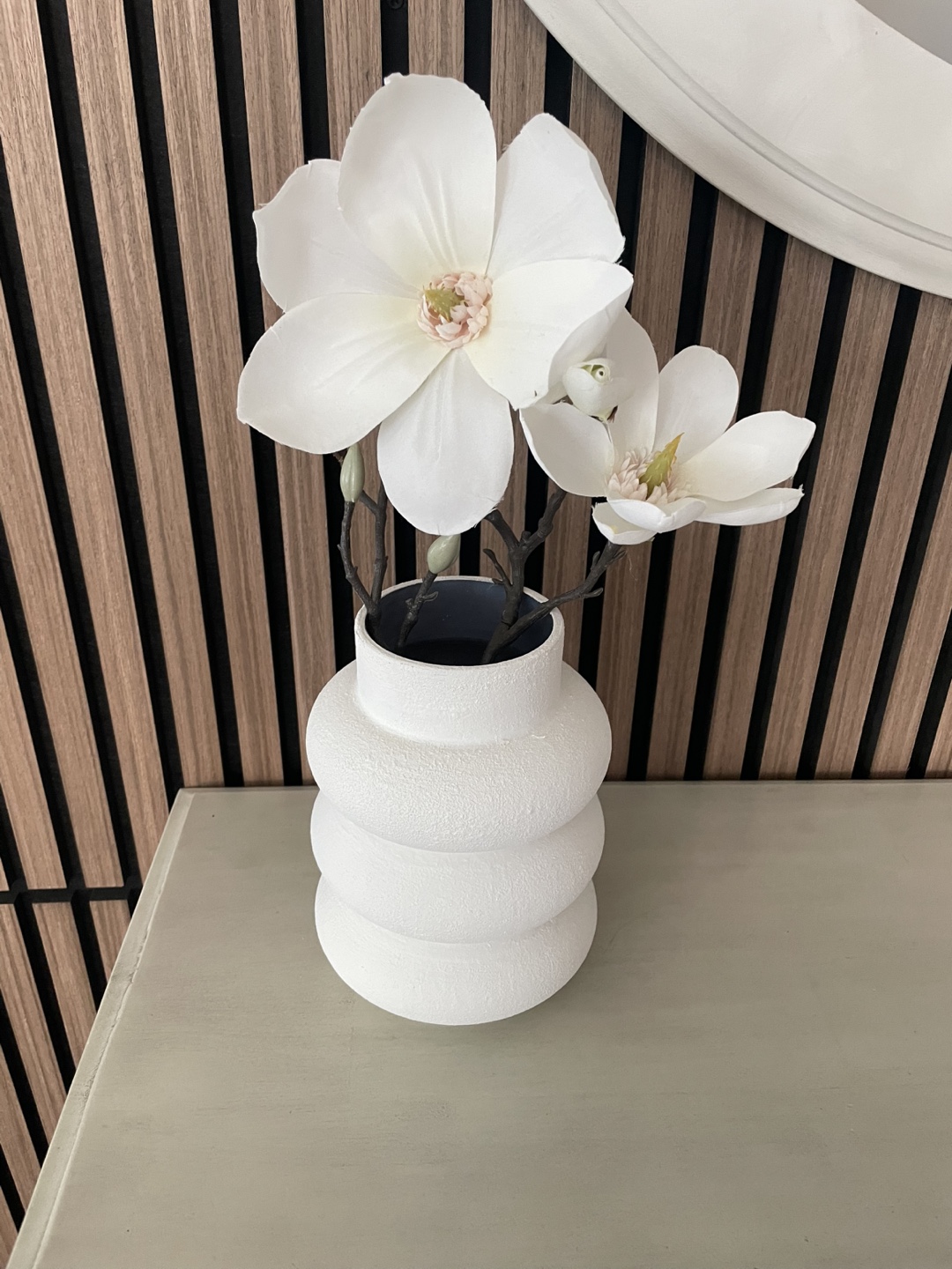 Textured White Vase with Artificial Magnolia Flowers