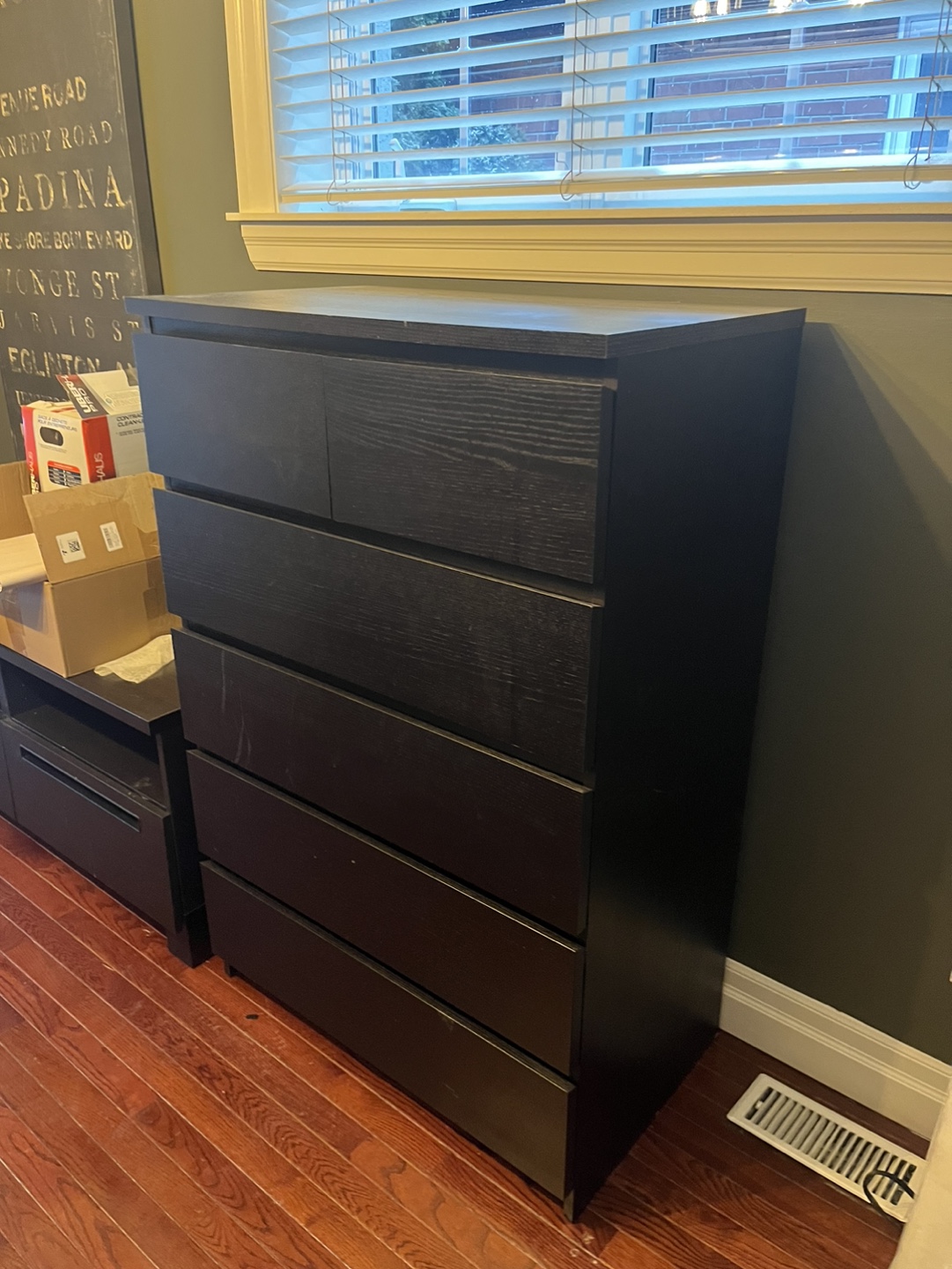 Black five-drawer dresser