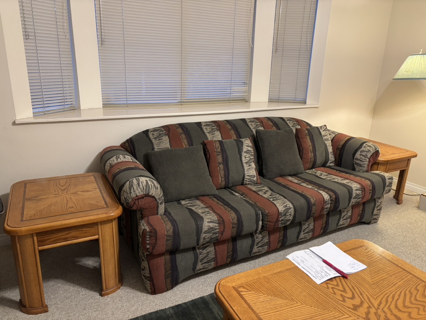 Sofa & Set of Three Wooden Occasional Tables