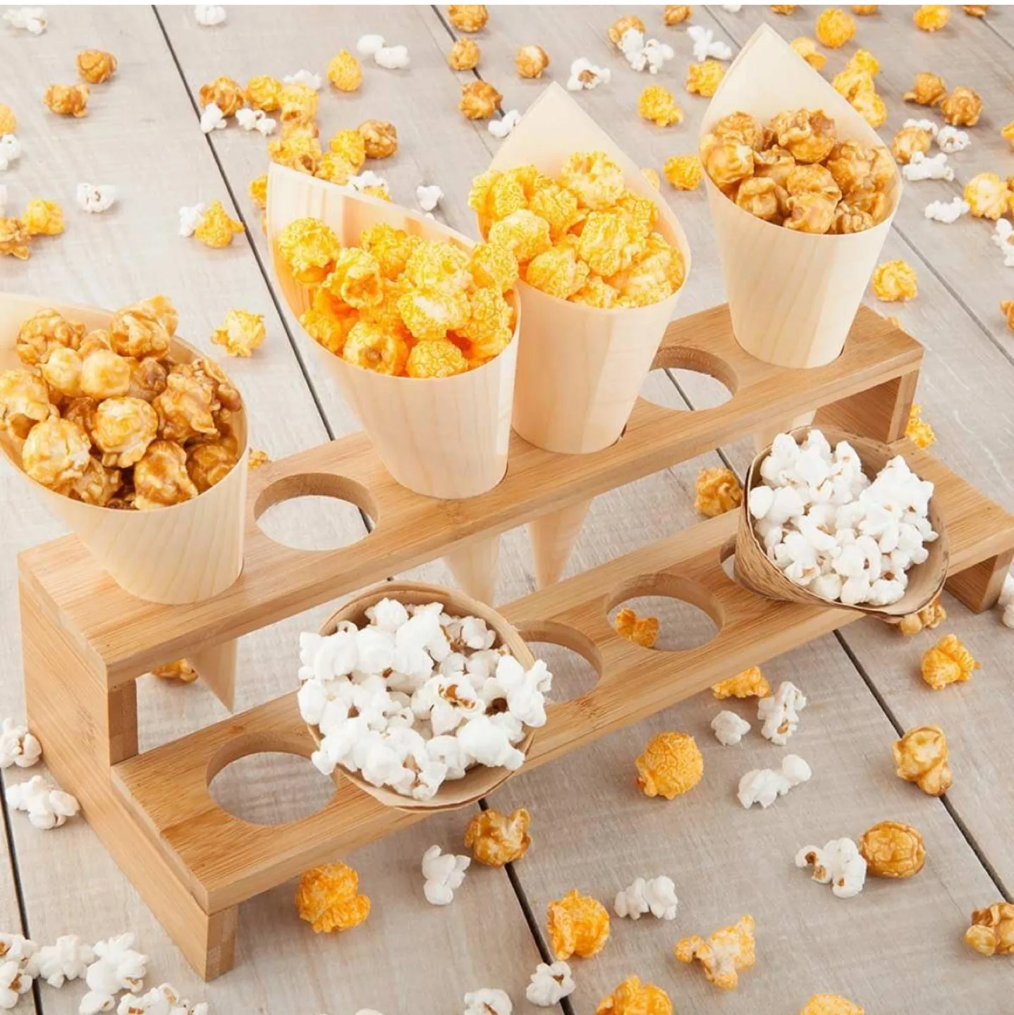 2 PACK NEW Bamboo Popcorn Cone Holder Stand with 50 Cones image indicator(3)