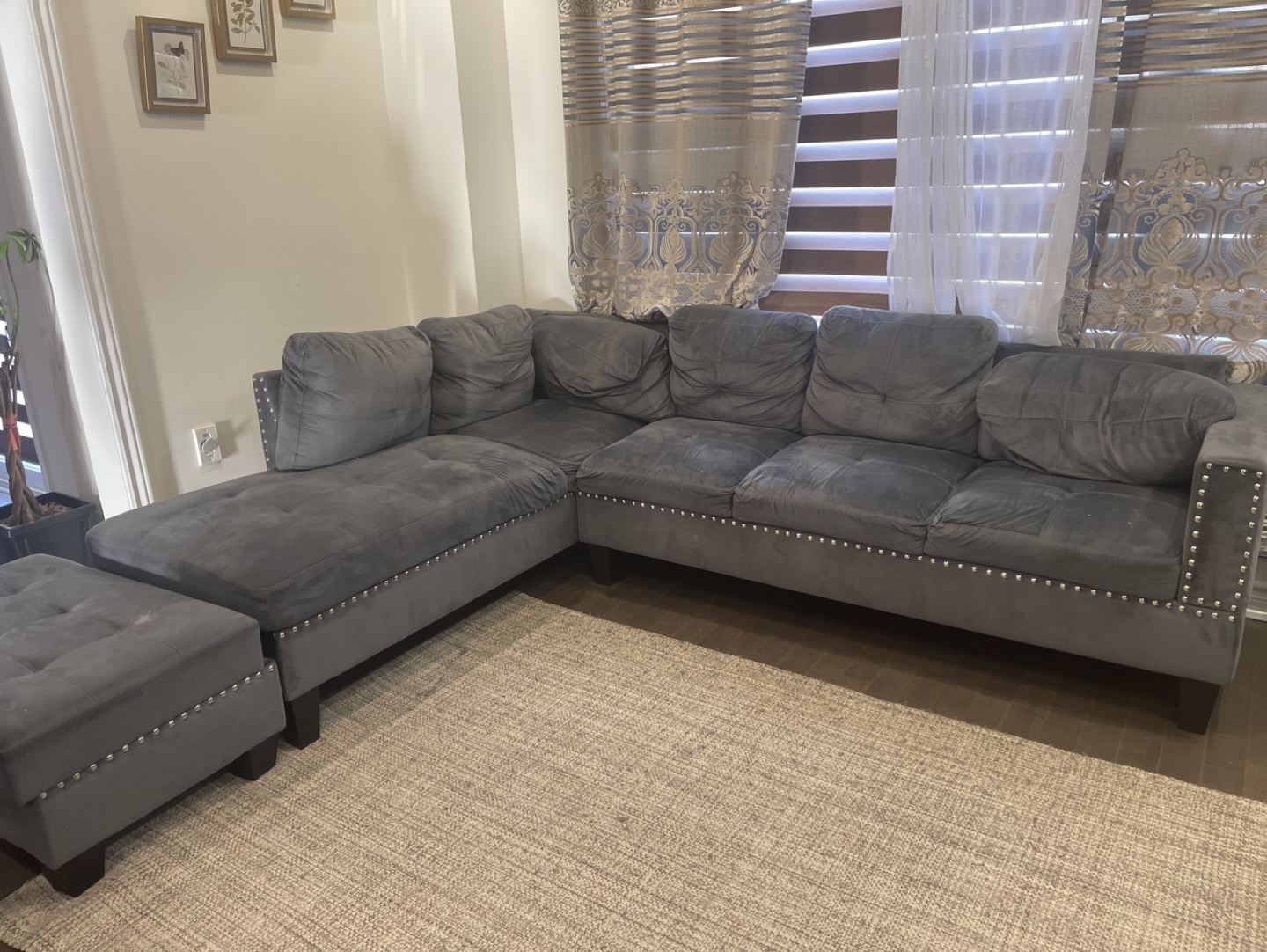 Grey L-Shaped Sectional Sofa with Ottoman