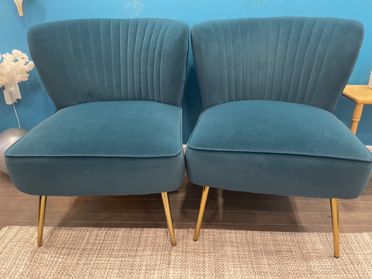 Pair of Teal Velvet Accent Chairs with Gold Legs - photo 2