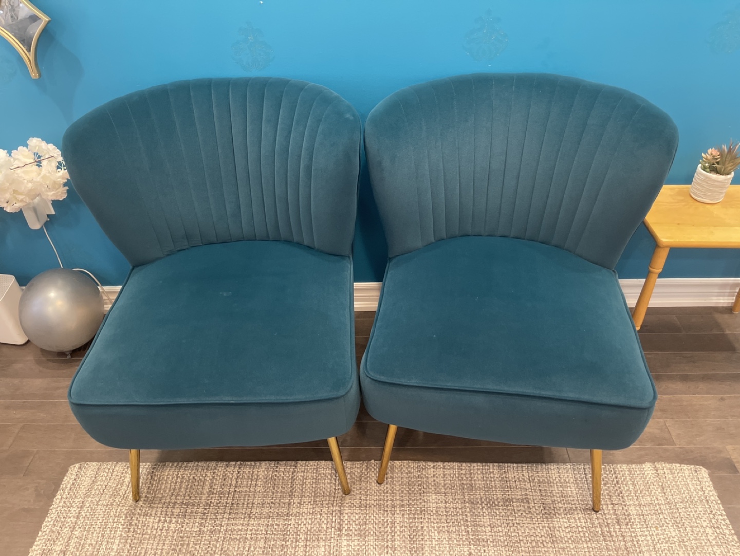 Pair of Teal Velvet Accent Chairs with Gold Legs