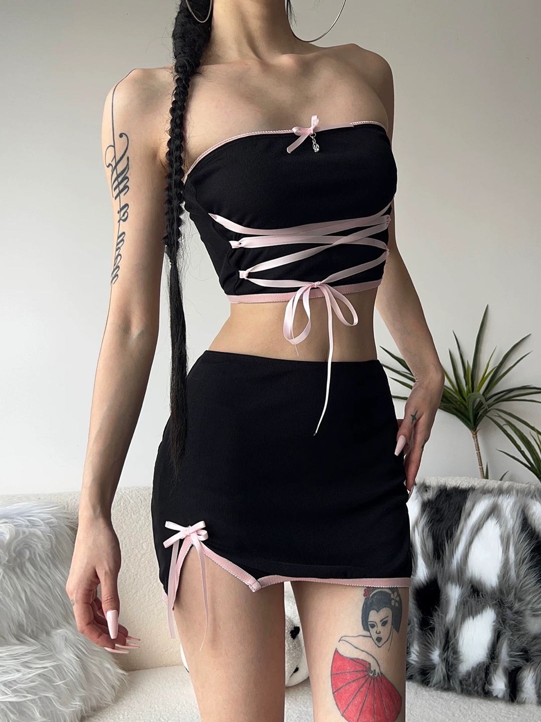 Black and Pink Ribbed Tube Top and Mini Skirt Set