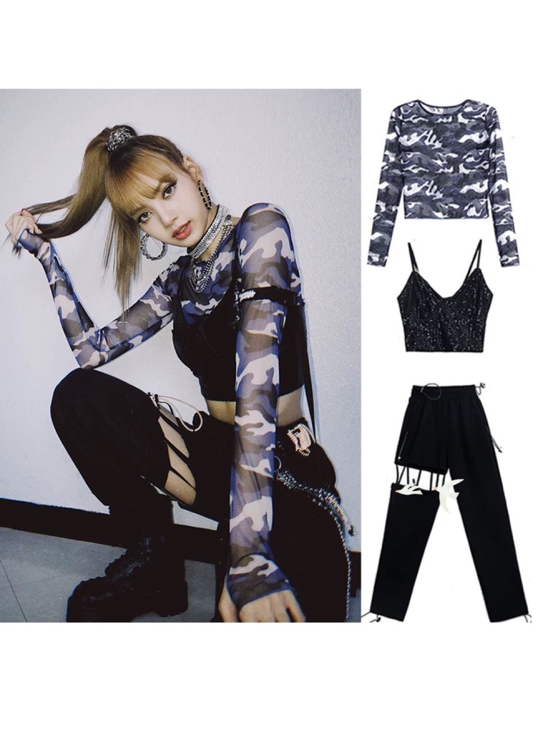 Black Cargo Pants with Cutouts and Drawstrings - photo 2