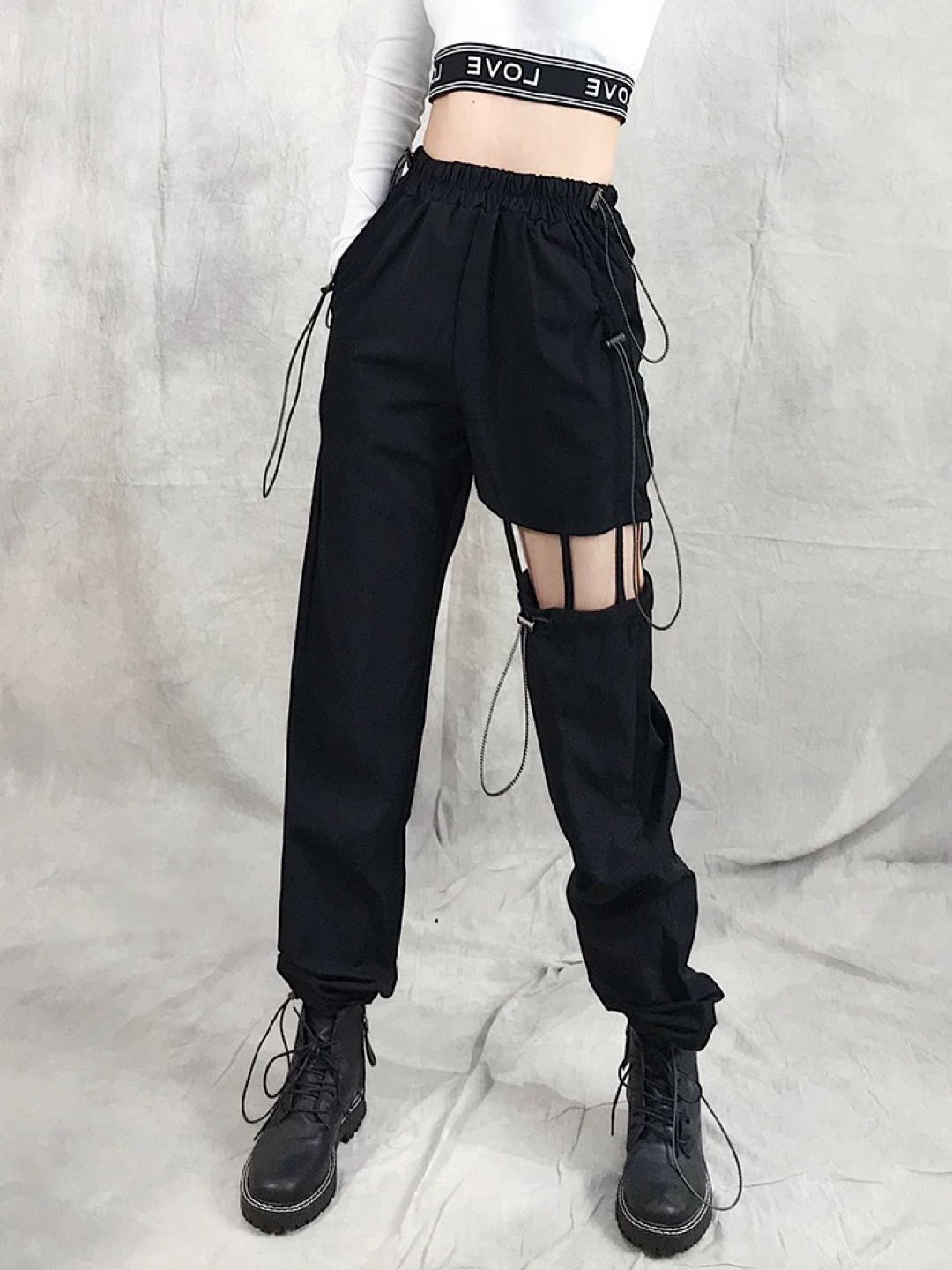 Black Cargo Pants with Cutouts and Drawstrings