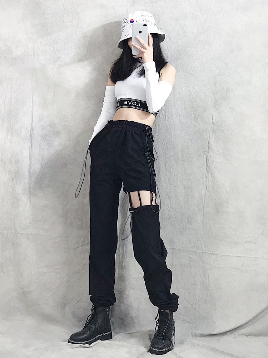 Black Cargo Pants with Cutouts and Drawstrings - photo 3