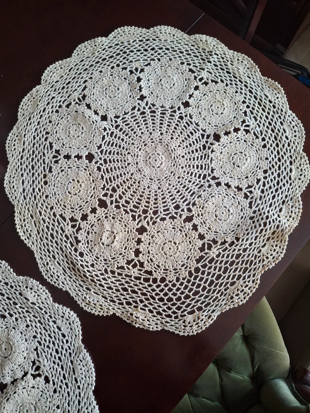 Set of three vintage crocheted doilies/table coverings image indicator(3)