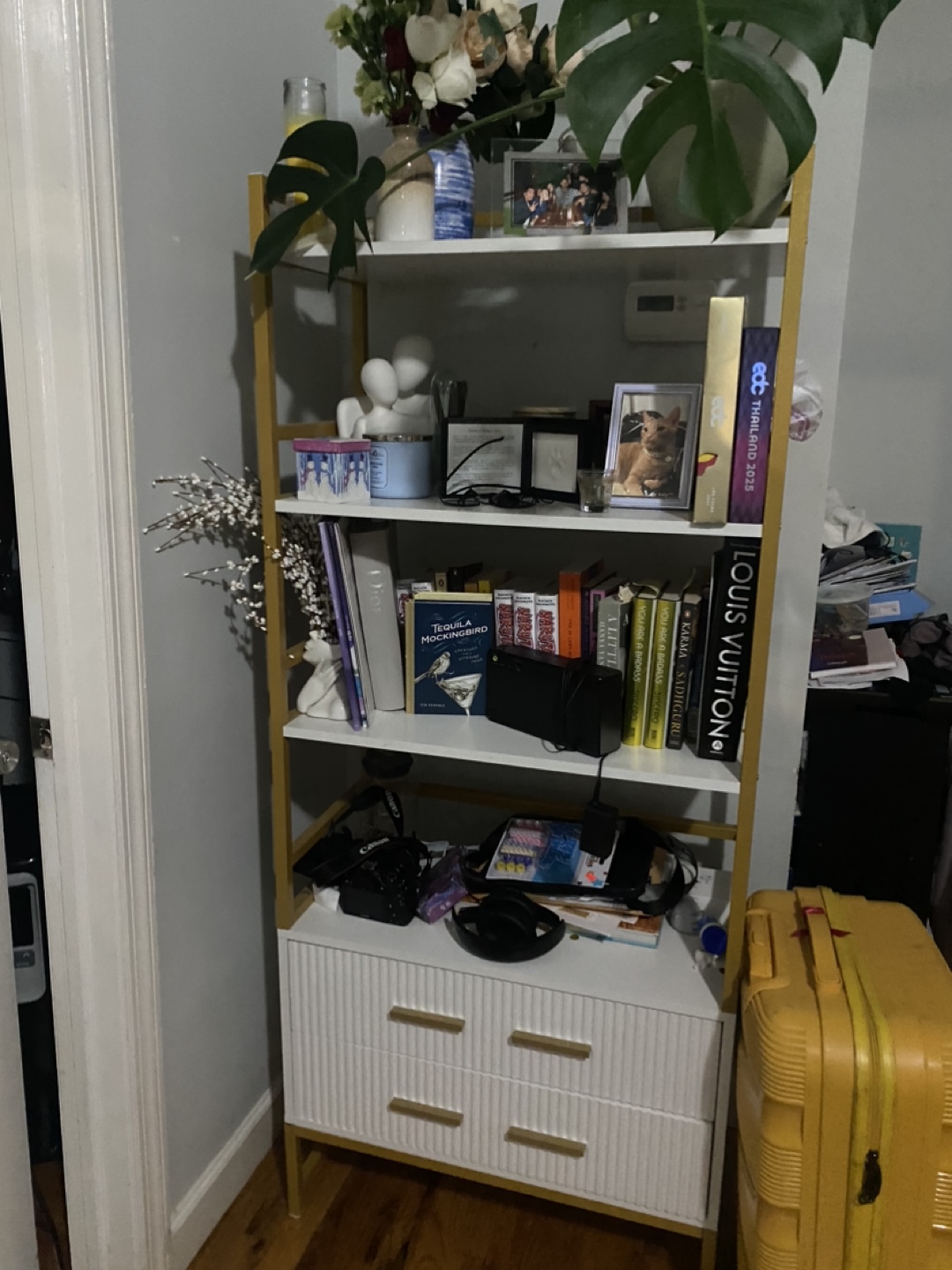 White and Gold 4-Shelf Bookcase with Drawers
