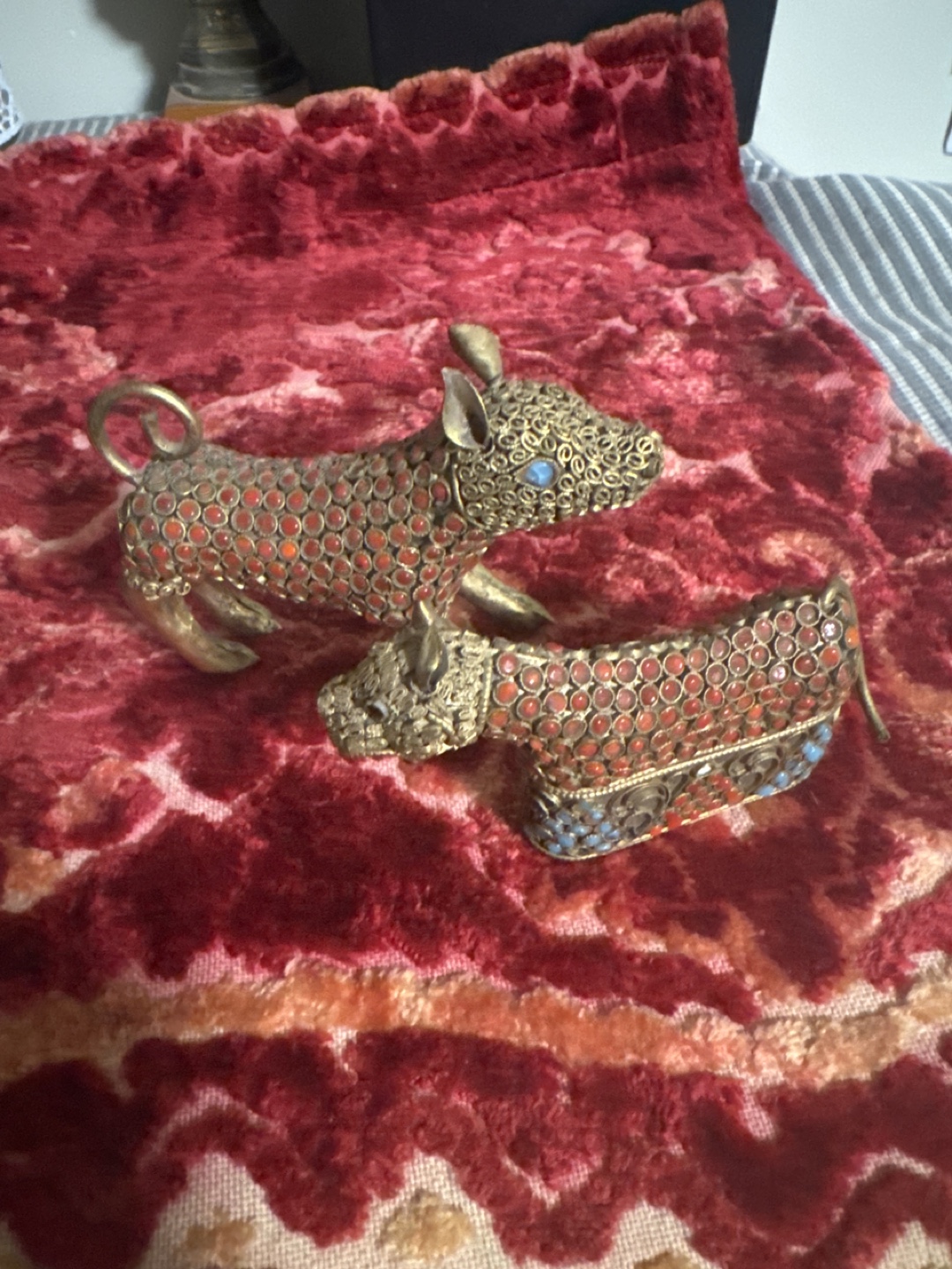 Pair of Vintage Brass and Coral Animal Figurines