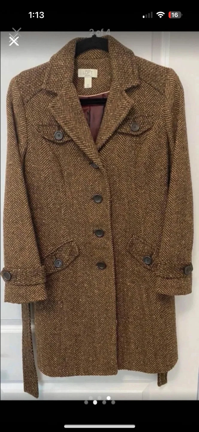 LOFT Brown Herringbone Tweed Coat with Belt 🏈 image indicator(3)