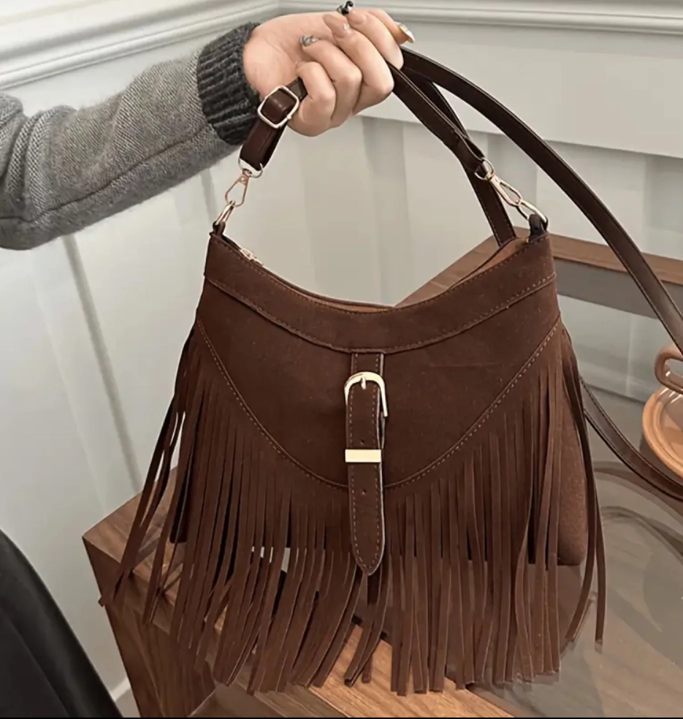 Brown Suede Fringe Crossbody Bag image indicator(4)