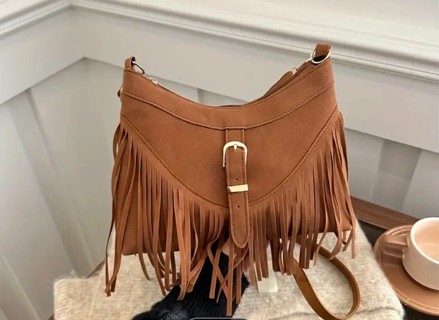 Brown Suede Fringe Crossbody Bag image indicator(2)