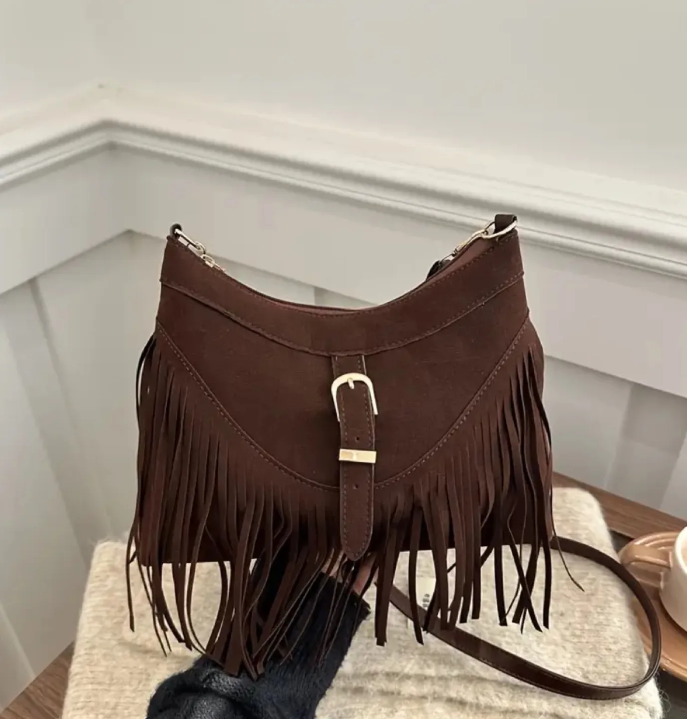 Brown Suede Fringe Crossbody Bag image indicator(5)