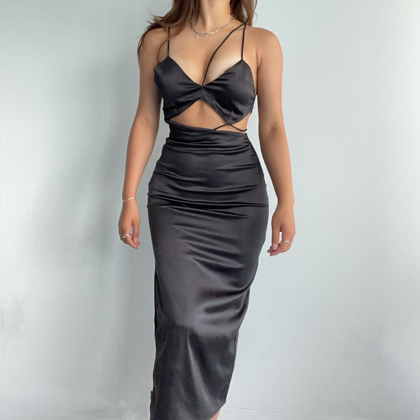 Black Satin Cut-Out Midi Dress - photo 3