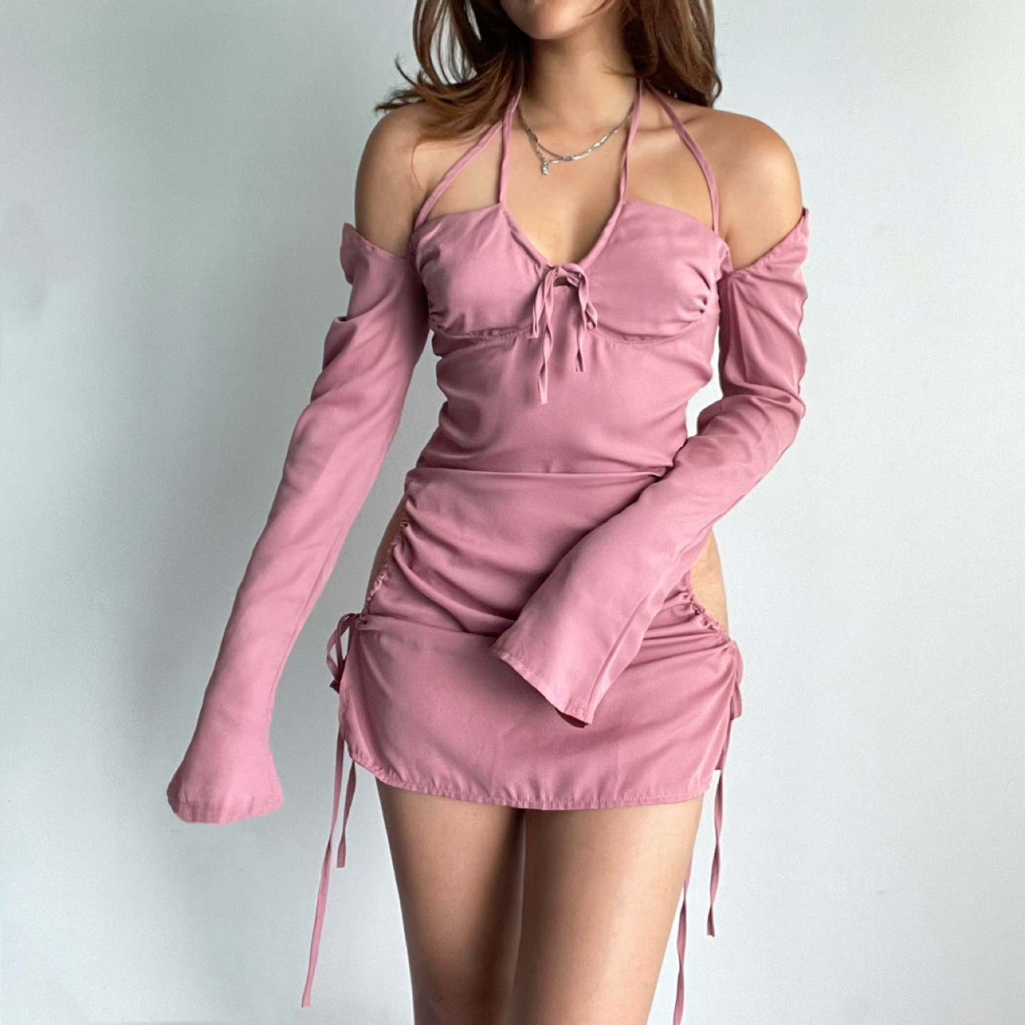 Dusty Rose Mini Dress with Cutouts and Side Tie - photo 2