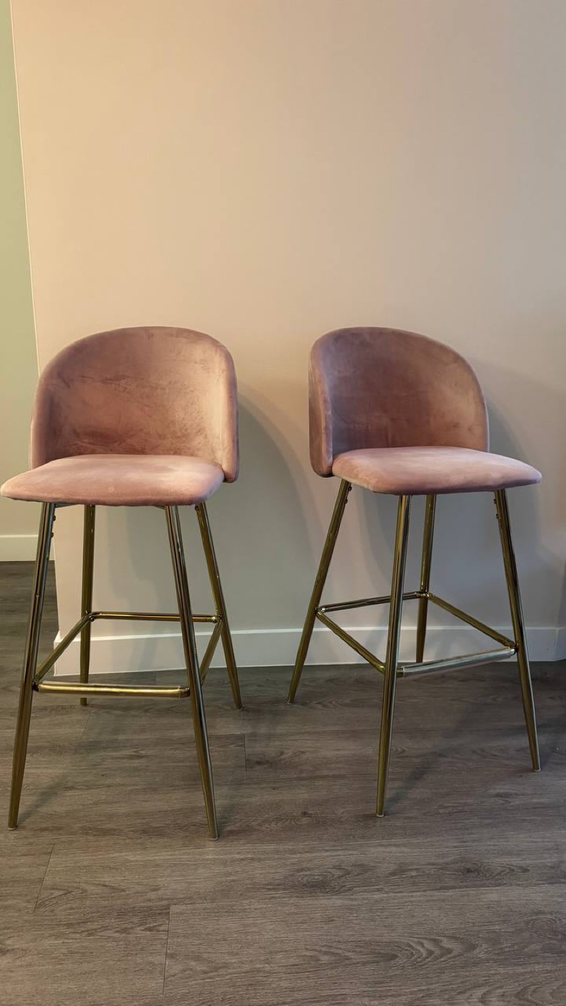 Pair of Pink Velvet Counter Stools with Gold Legs