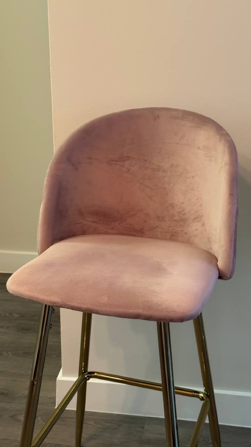 Pair of Pink Velvet Counter Stools with Gold Legs - photo 2