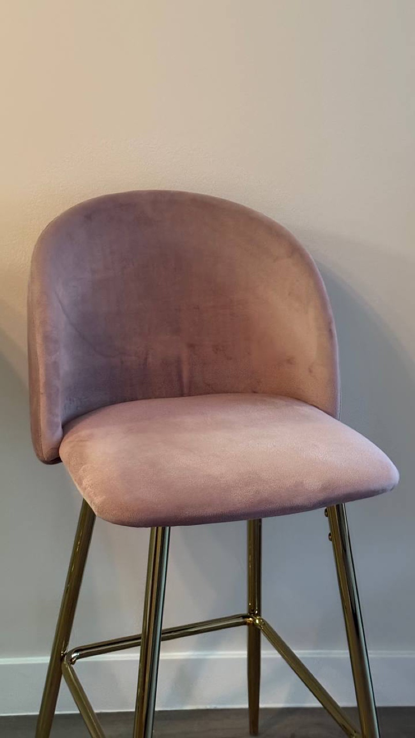 Pair of Pink Velvet Counter Stools with Gold Legs - photo 3