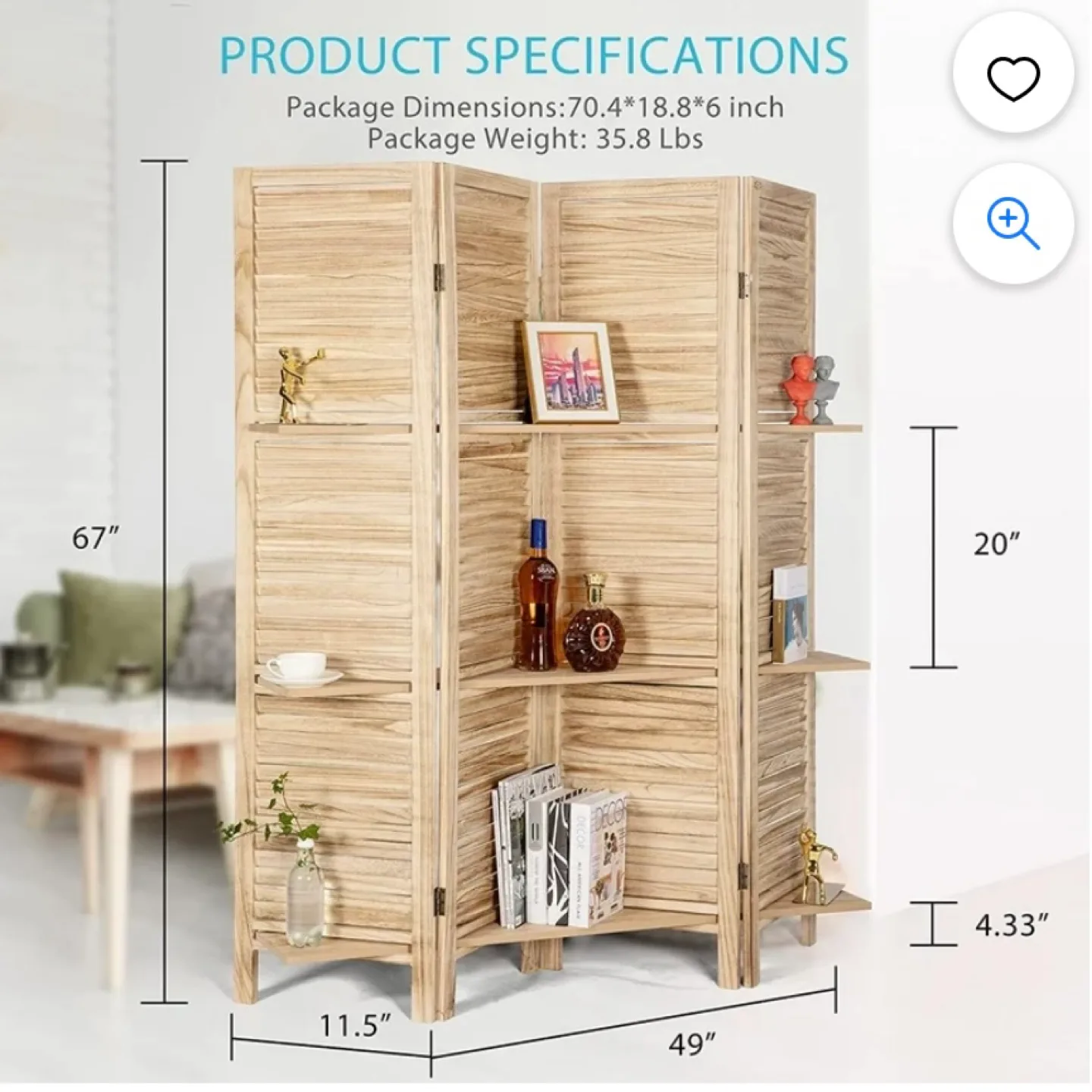 5.6 Ft Tall 4 Panel Decorative Folding Wood Room Divider image indicator(3)
