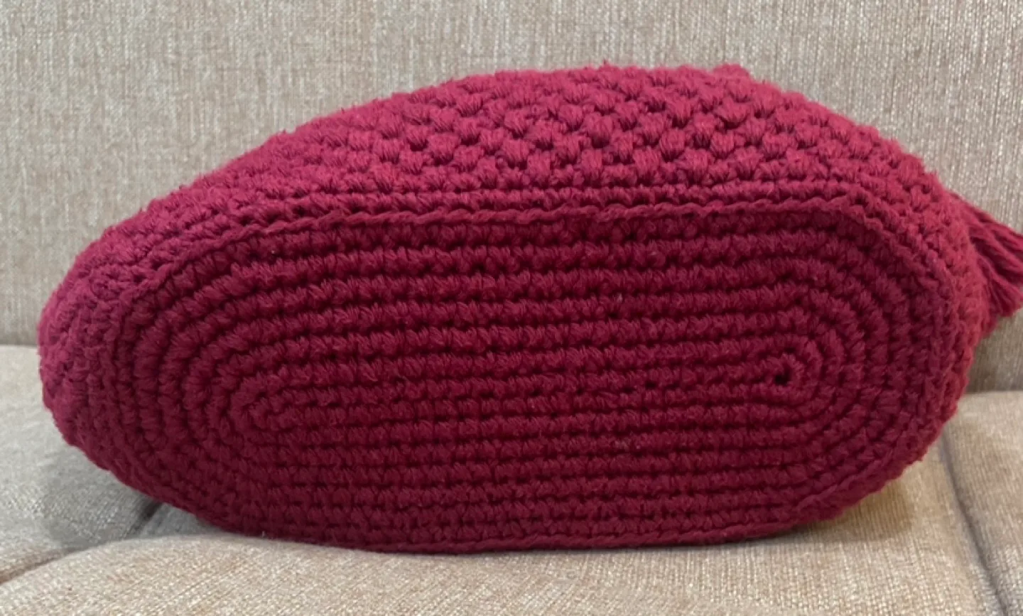 Handmade crochet Burgundy Tote Bag with Tassel. image indicator(6)