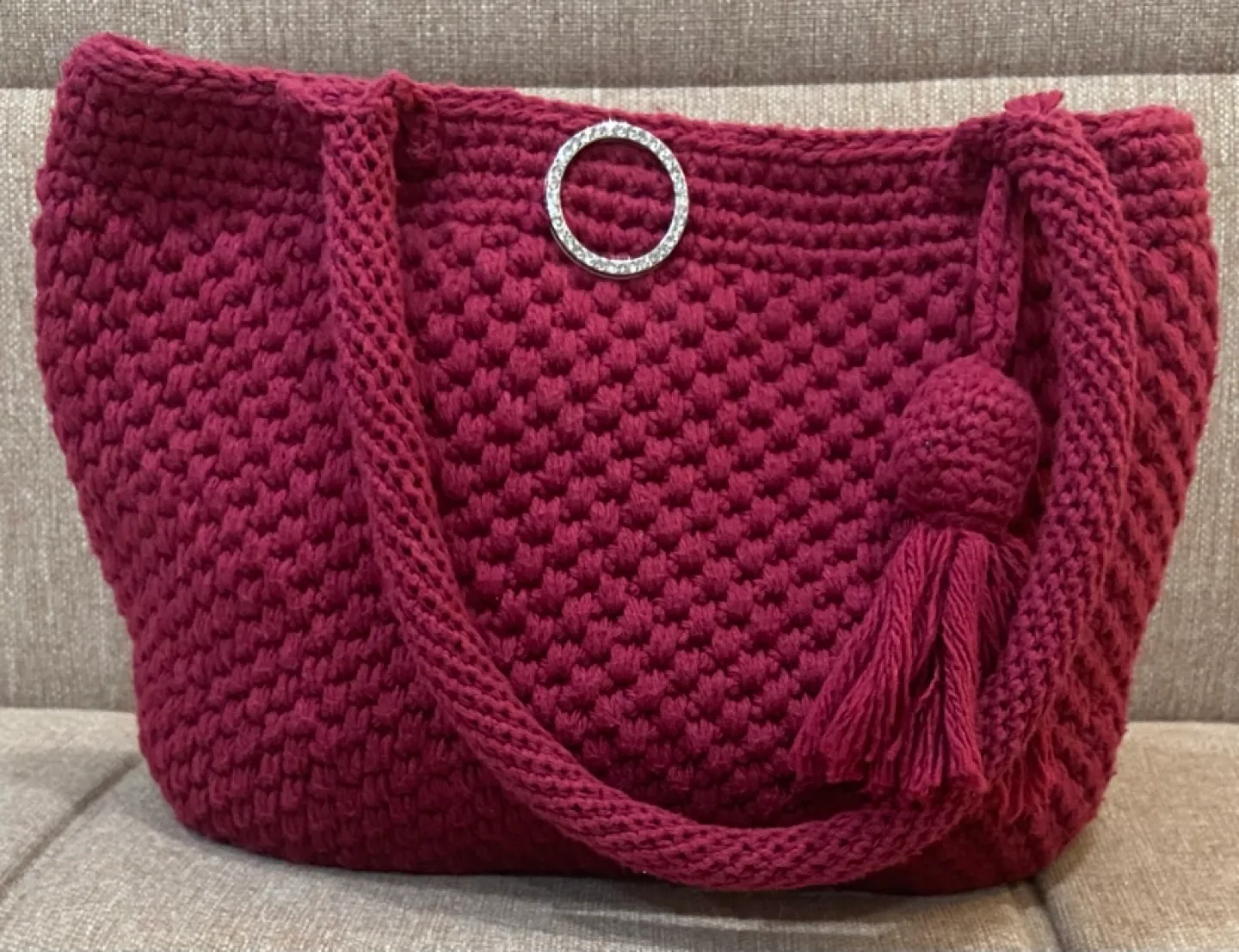 Handmade crochet Burgundy Tote Bag with Tassel. image indicator(5)